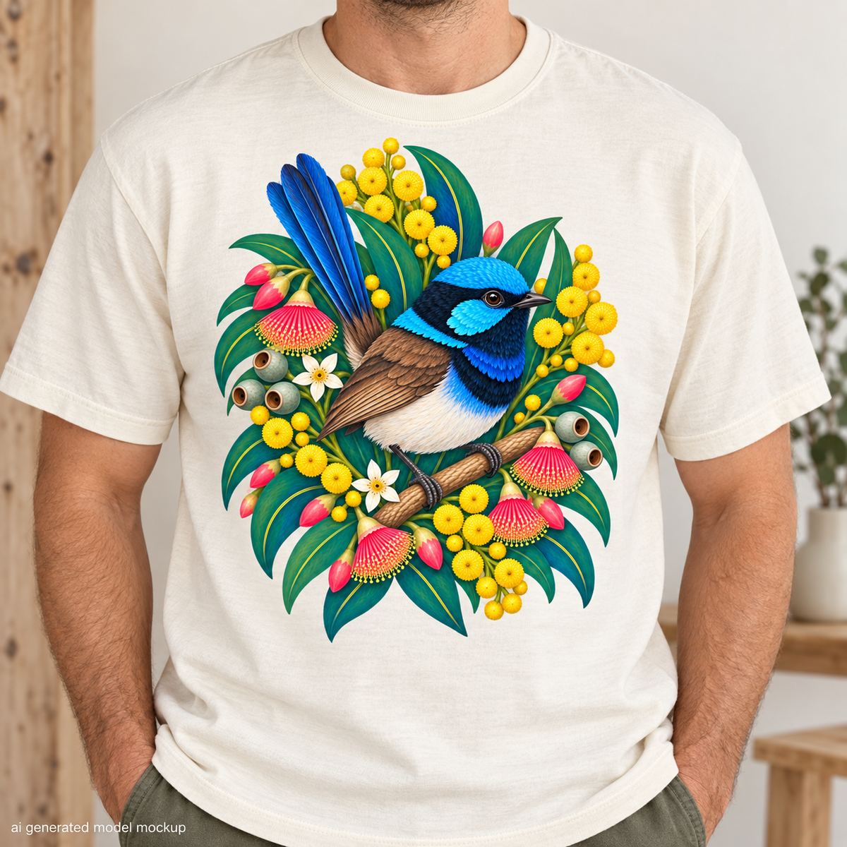 Blue wren perched on a branch surrounded by wattle blossoms and gum nuts.