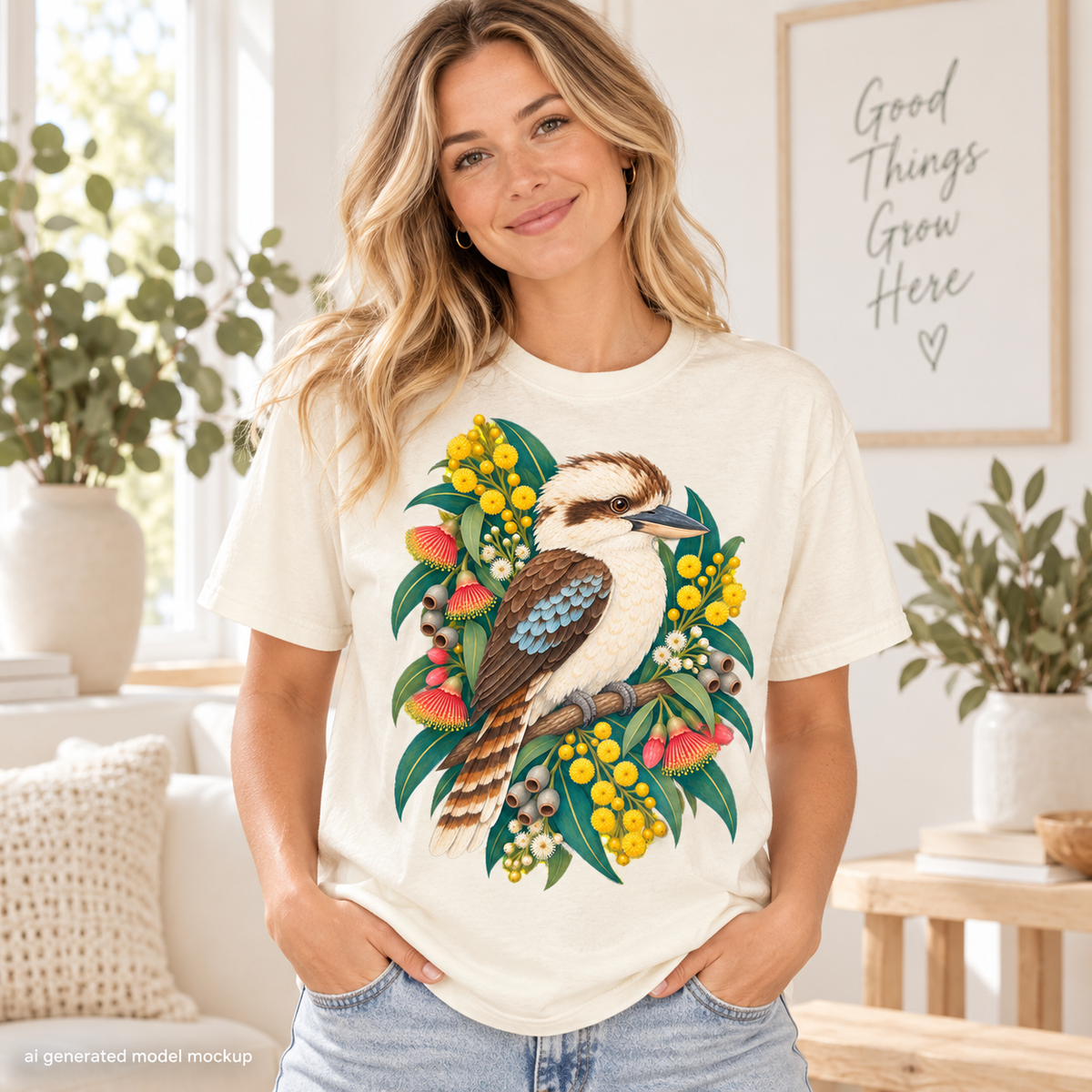 Cream t-shirt with kookaburra and floral graphic.