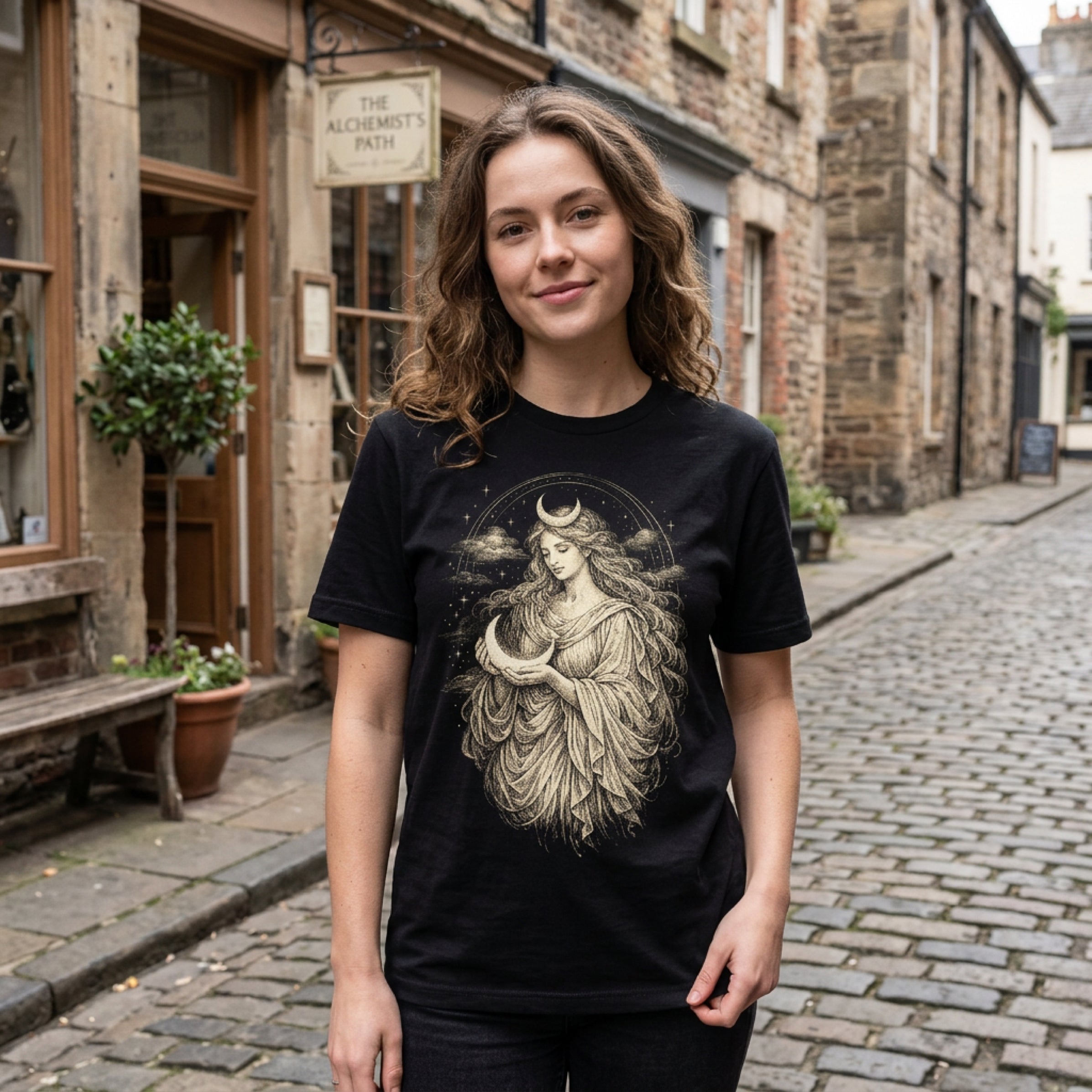 Woman wearing black t-shirt with celestial moon goddess design.