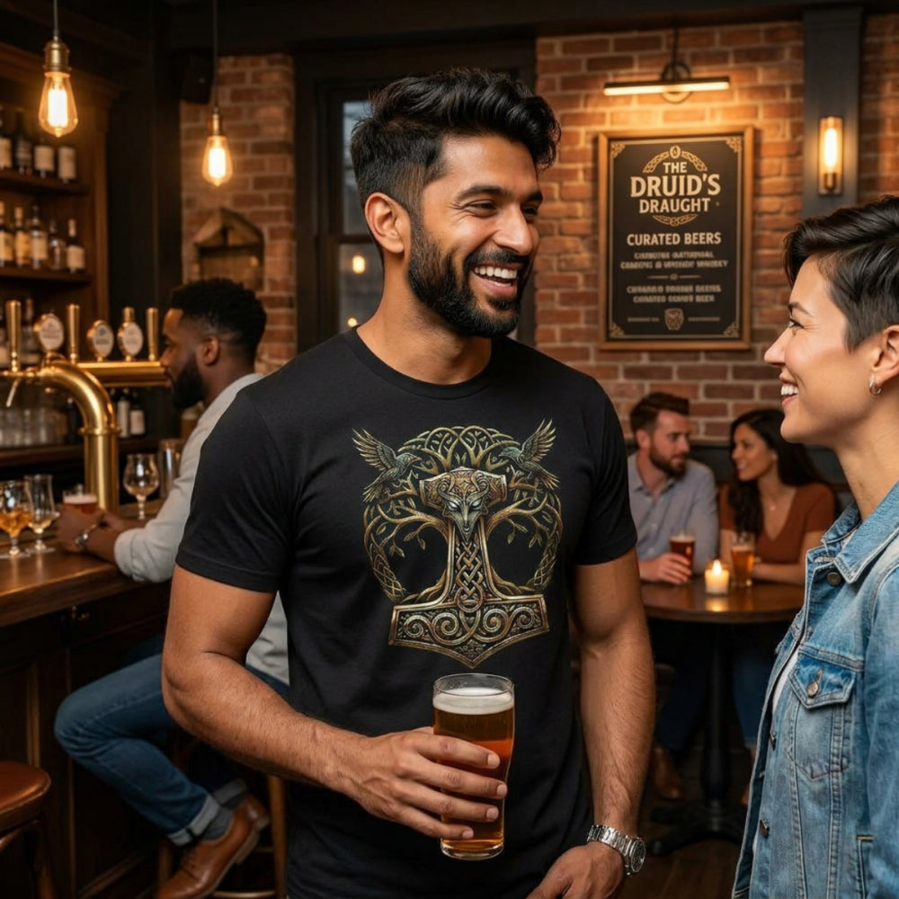 Man in black t-shirt with Thor's hammer graphic, holding beer at bar.