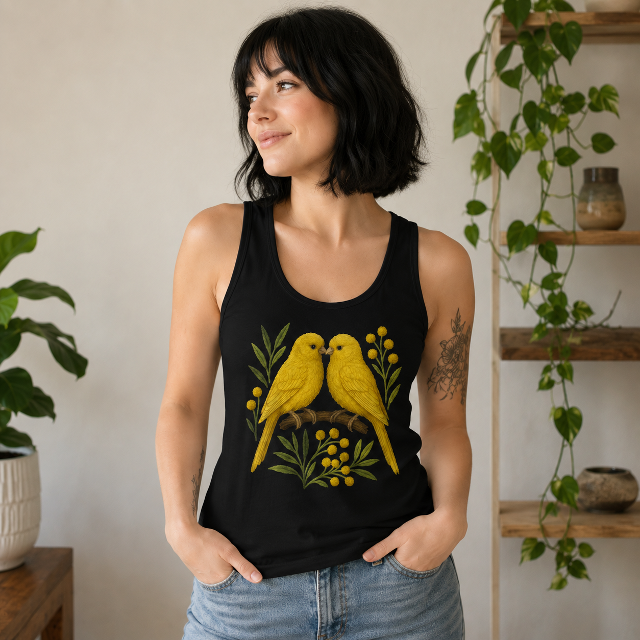 Black tank top with a yellow canary bird illustration on a branch.
