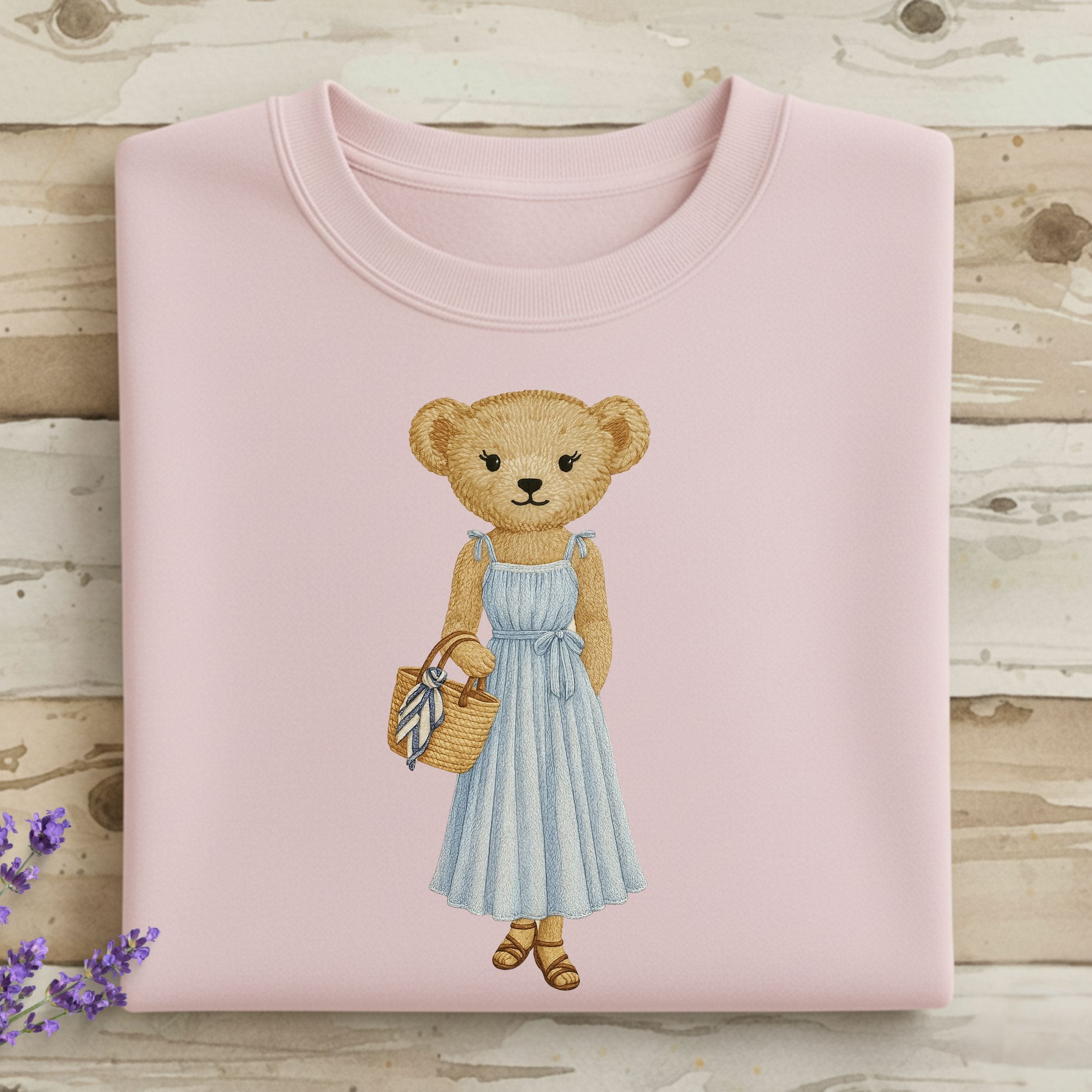 Cute Bear in Blue Dress on Pink Background Shirt
