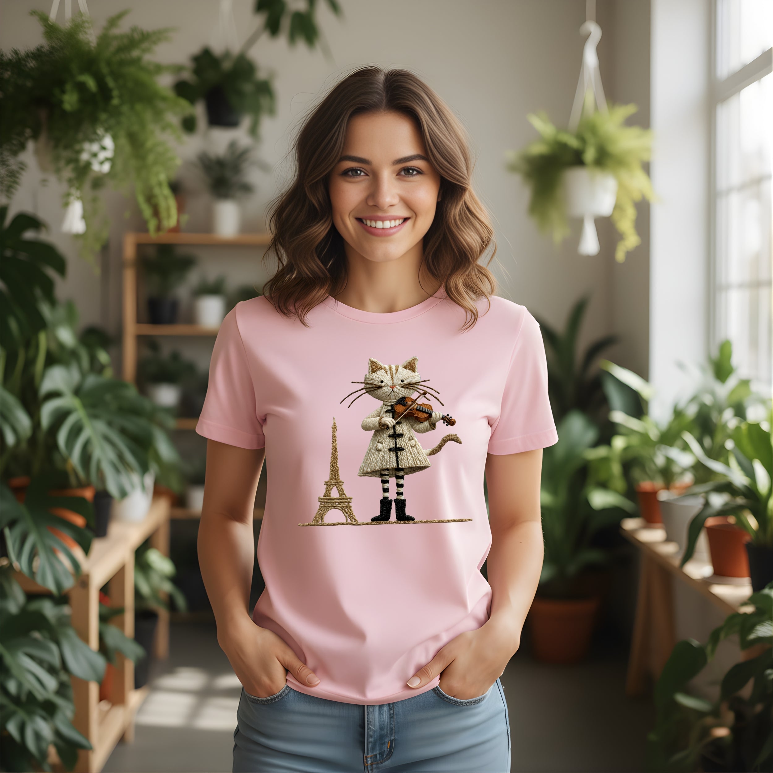 Stylish Paris Cat Violin Graphic Women's T-Shirt