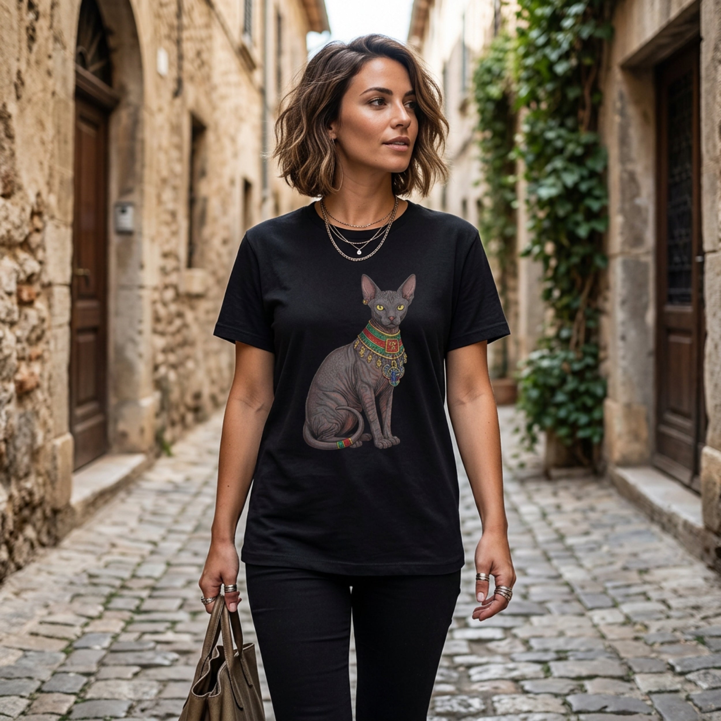 Black t-shirt with a gray Sphinx cat wearing a colorful jeweled collar.