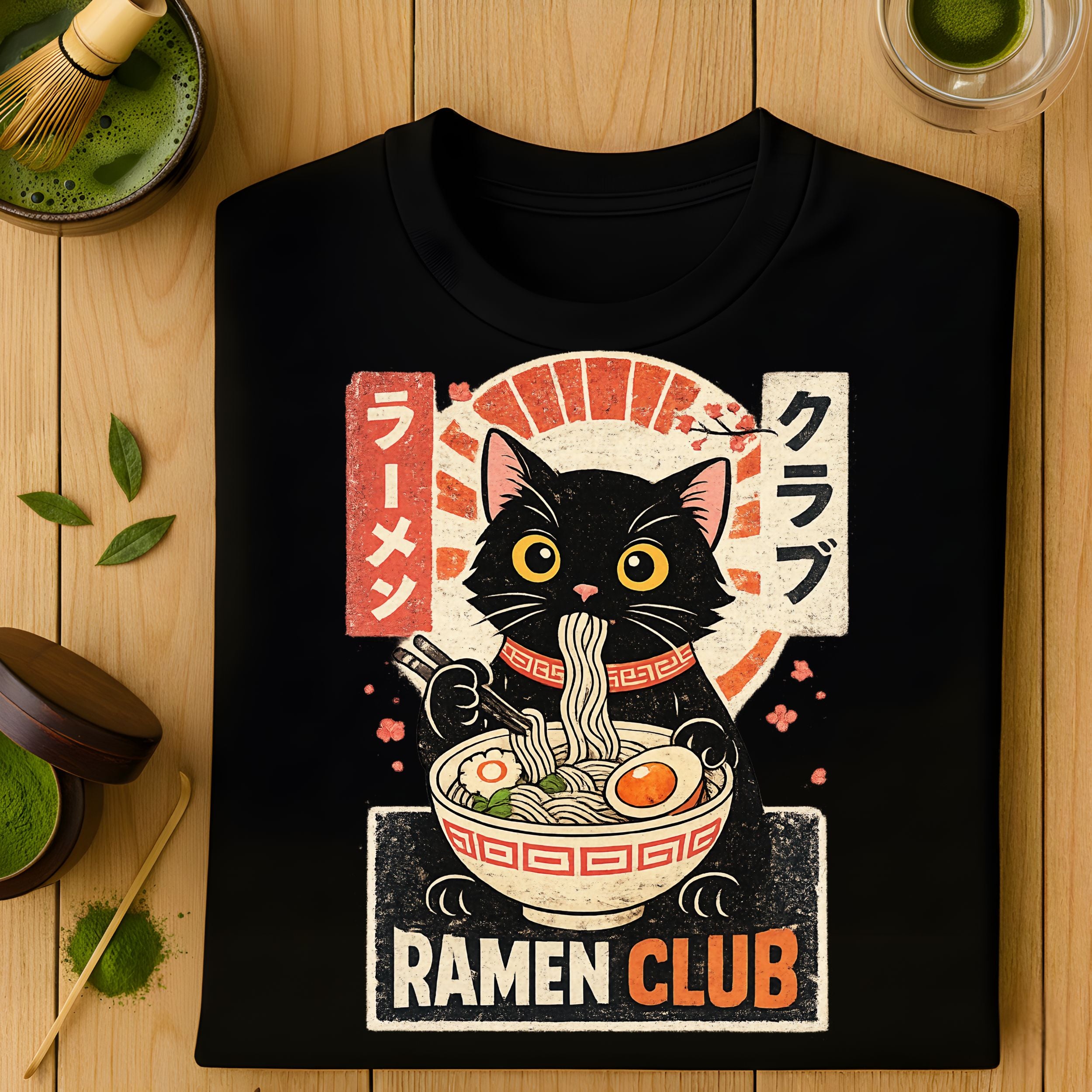 Ramen Club Cat Eating Noodles Design Tee Shirt
