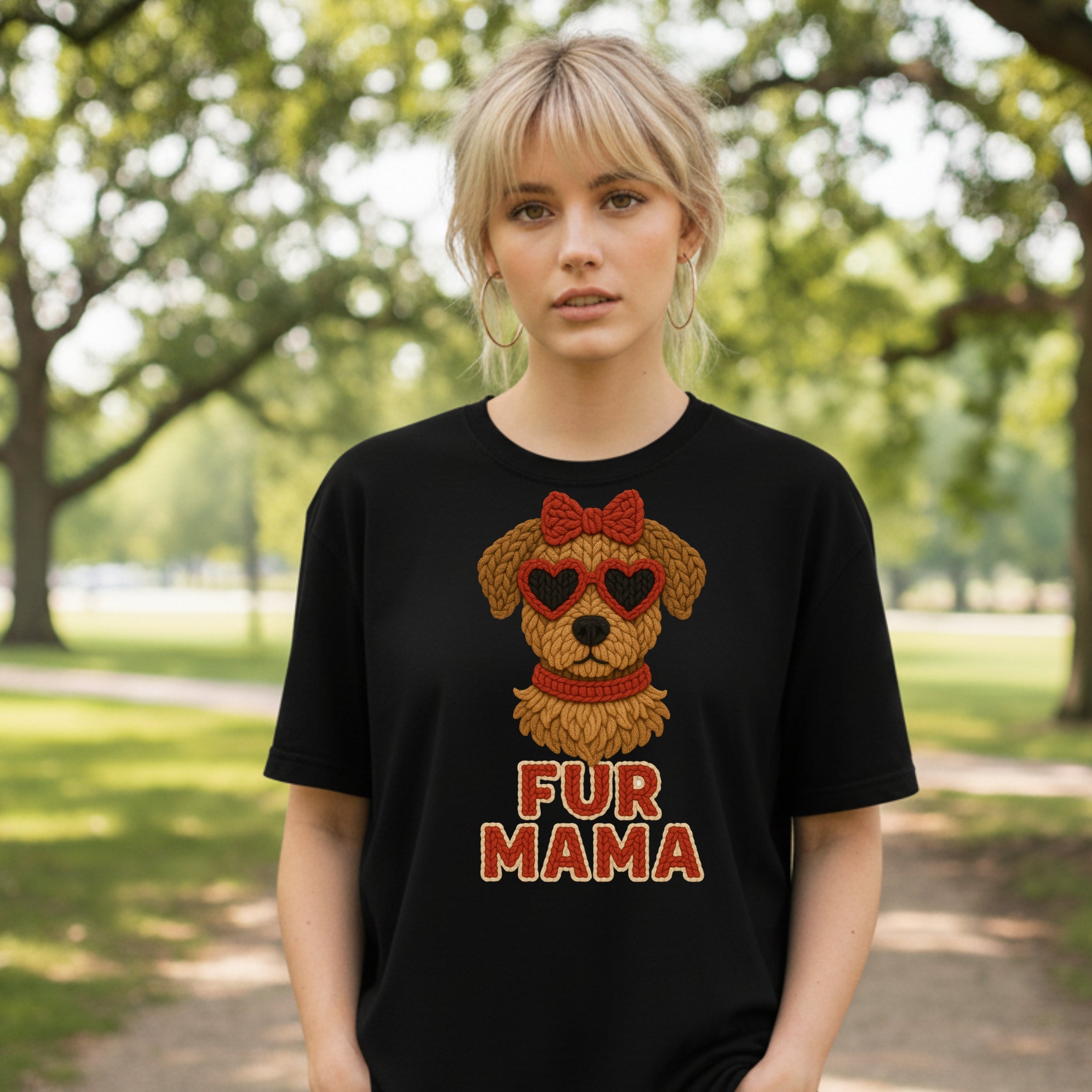 Black t-shirt with a dog wearing heart sunglasses and the text "FUR MAMA".