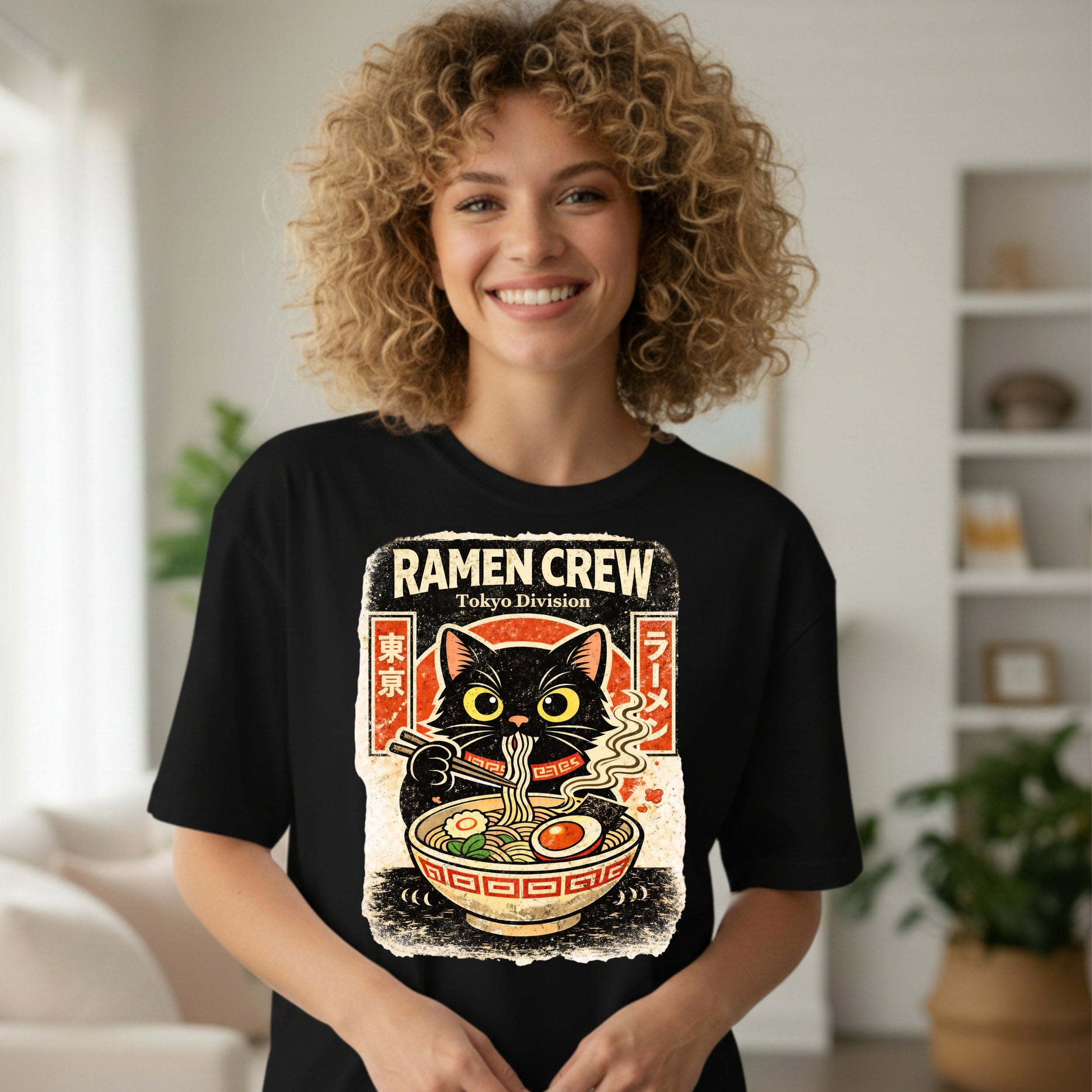 Ramen Crew Tokyo Division Graphic Cat Eating Noodles Shirt
