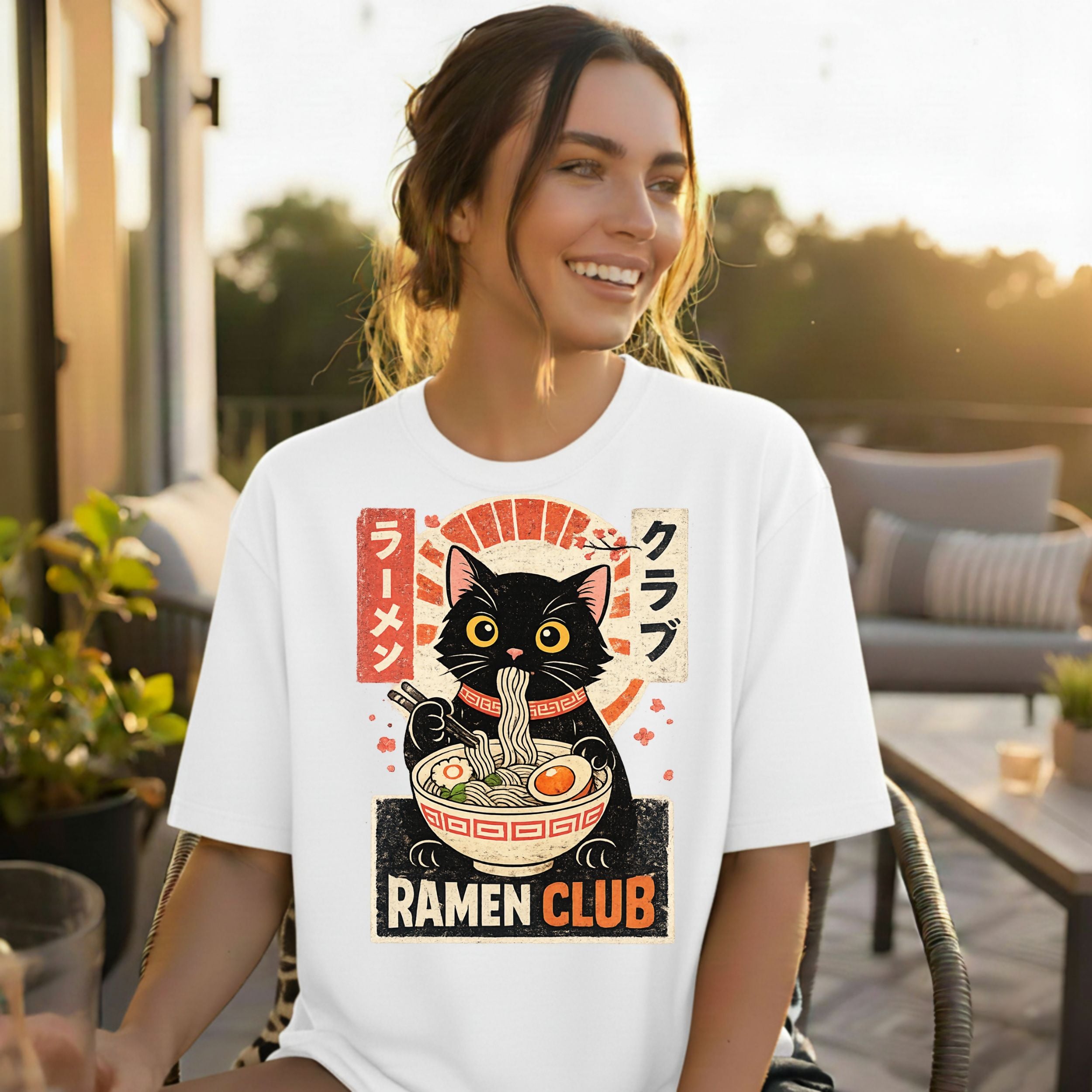 Ramen Club Cat Eating Noodles Graphic Shirt