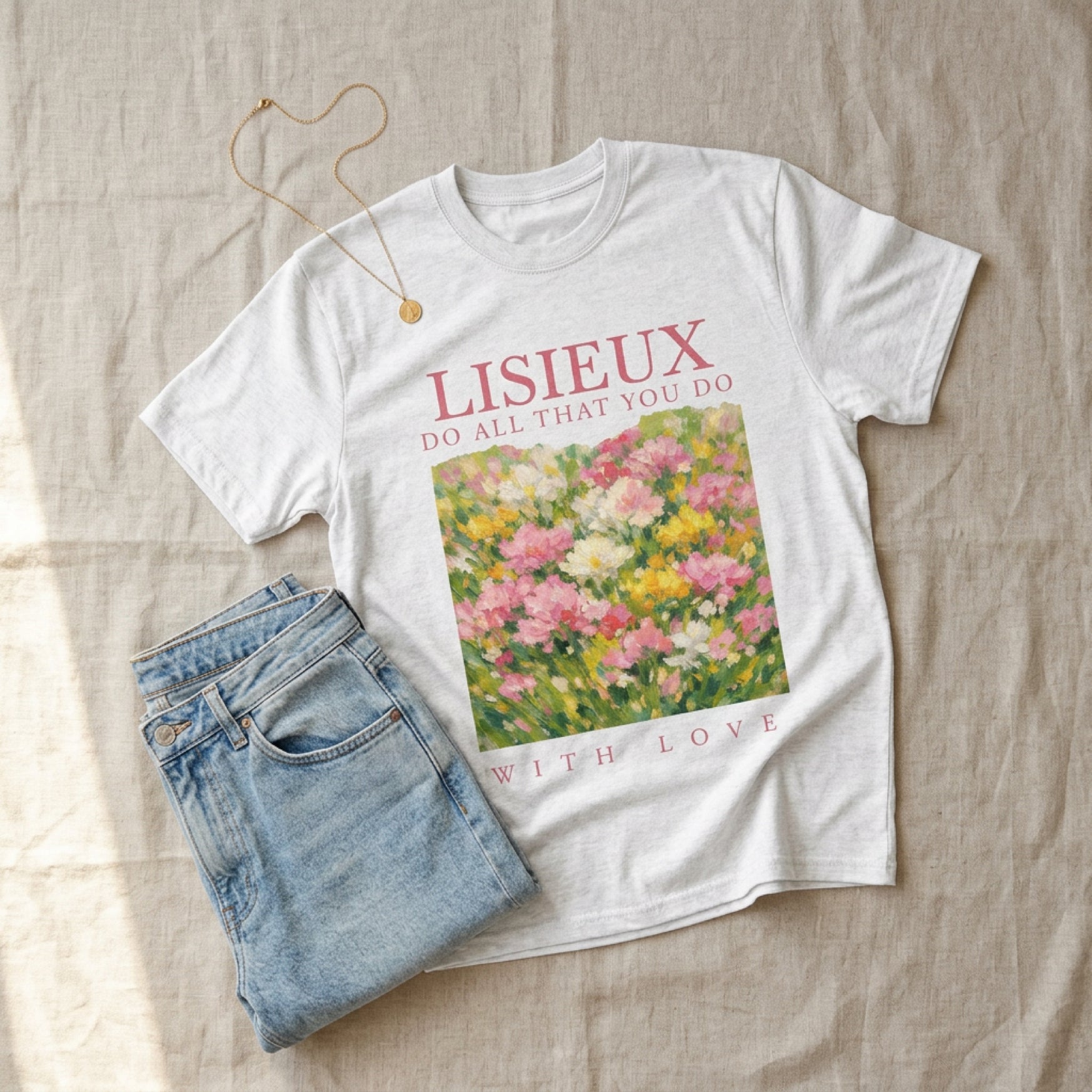 White t-shirt with floral painting and "LISIEUX DO ALL THAT YOU DO WITH LOVE" text.