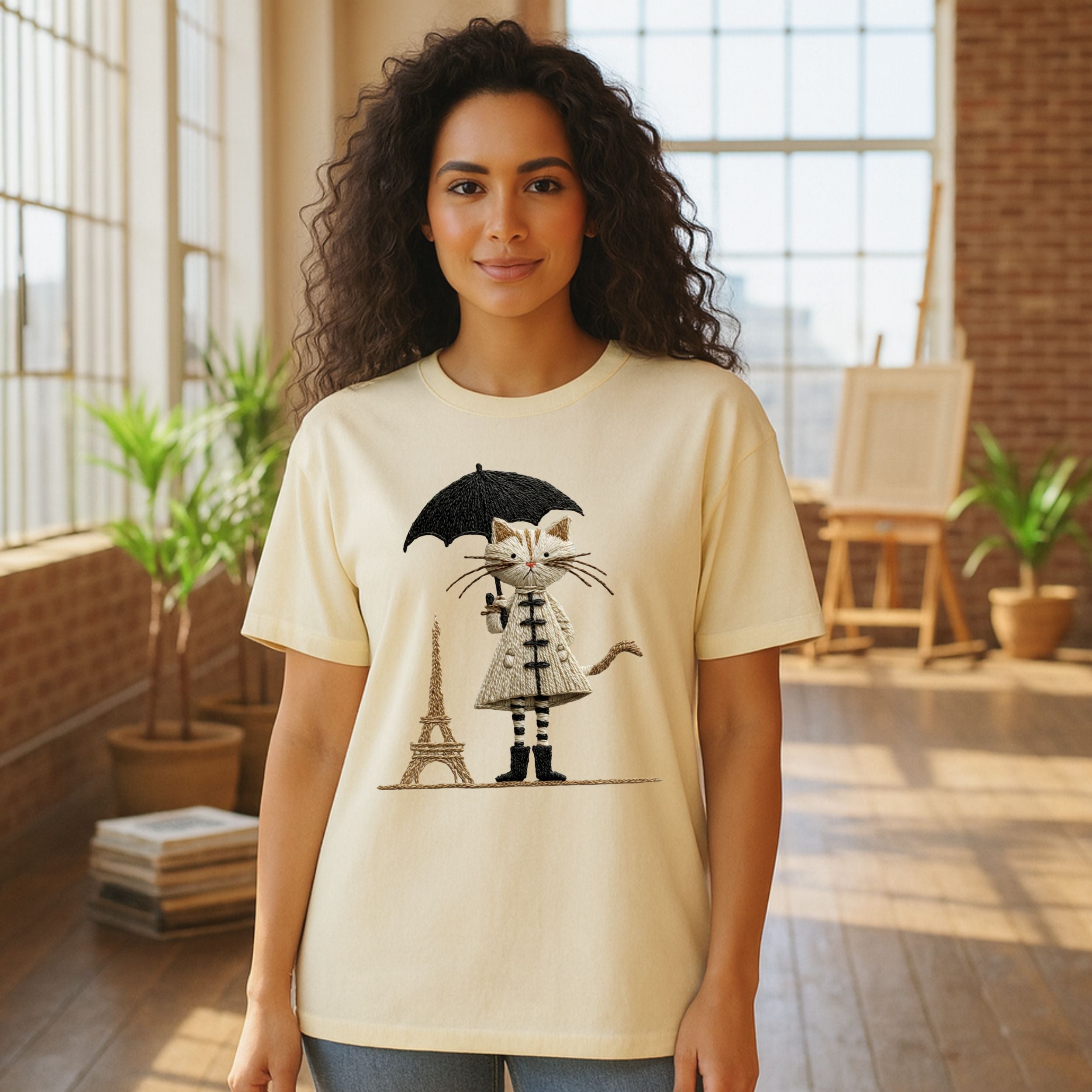 Parisian Cat with Umbrella Graphic Tee Shirt