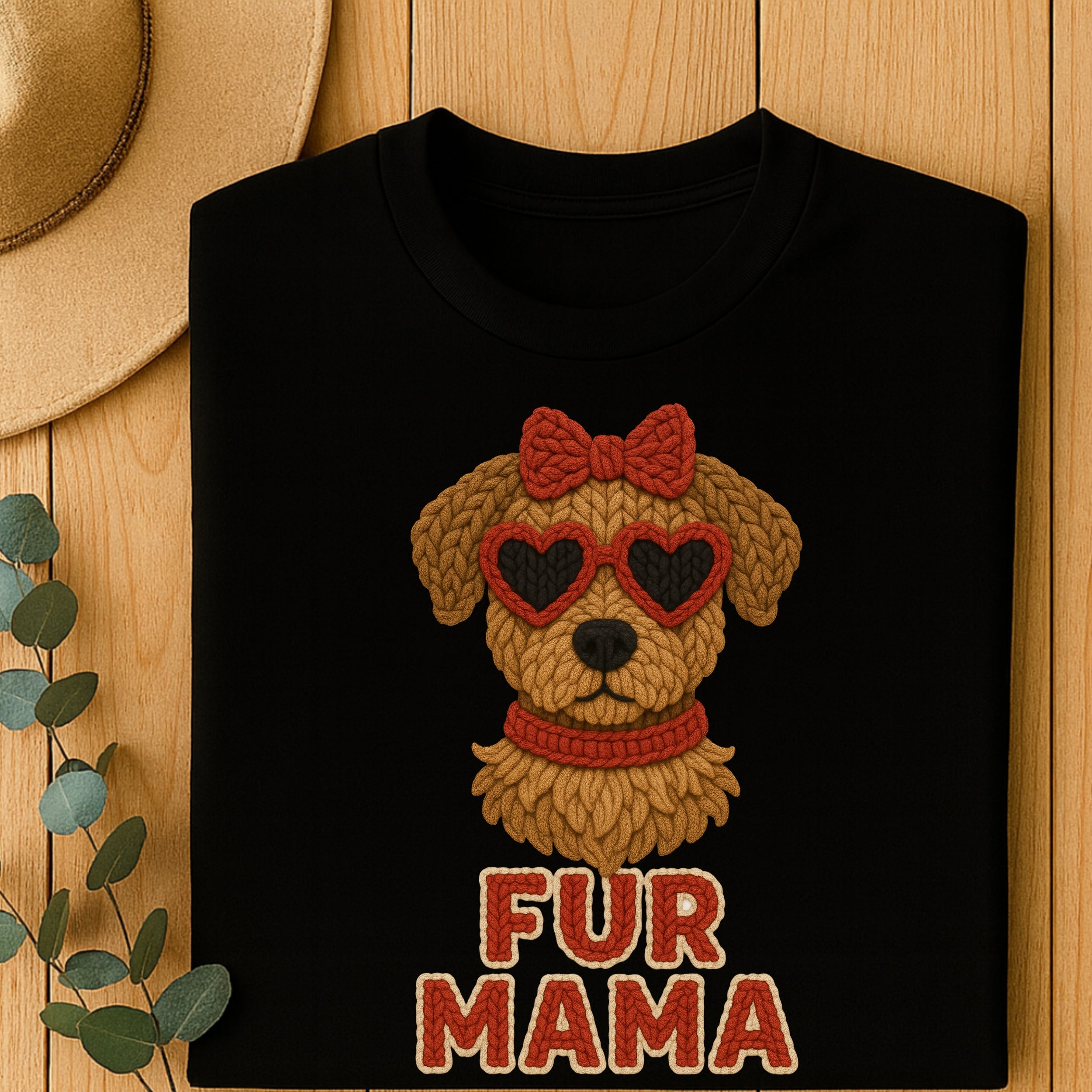 Black t-shirt with brown knitted dog wearing heart sunglasses and "FUR MAMA" text.