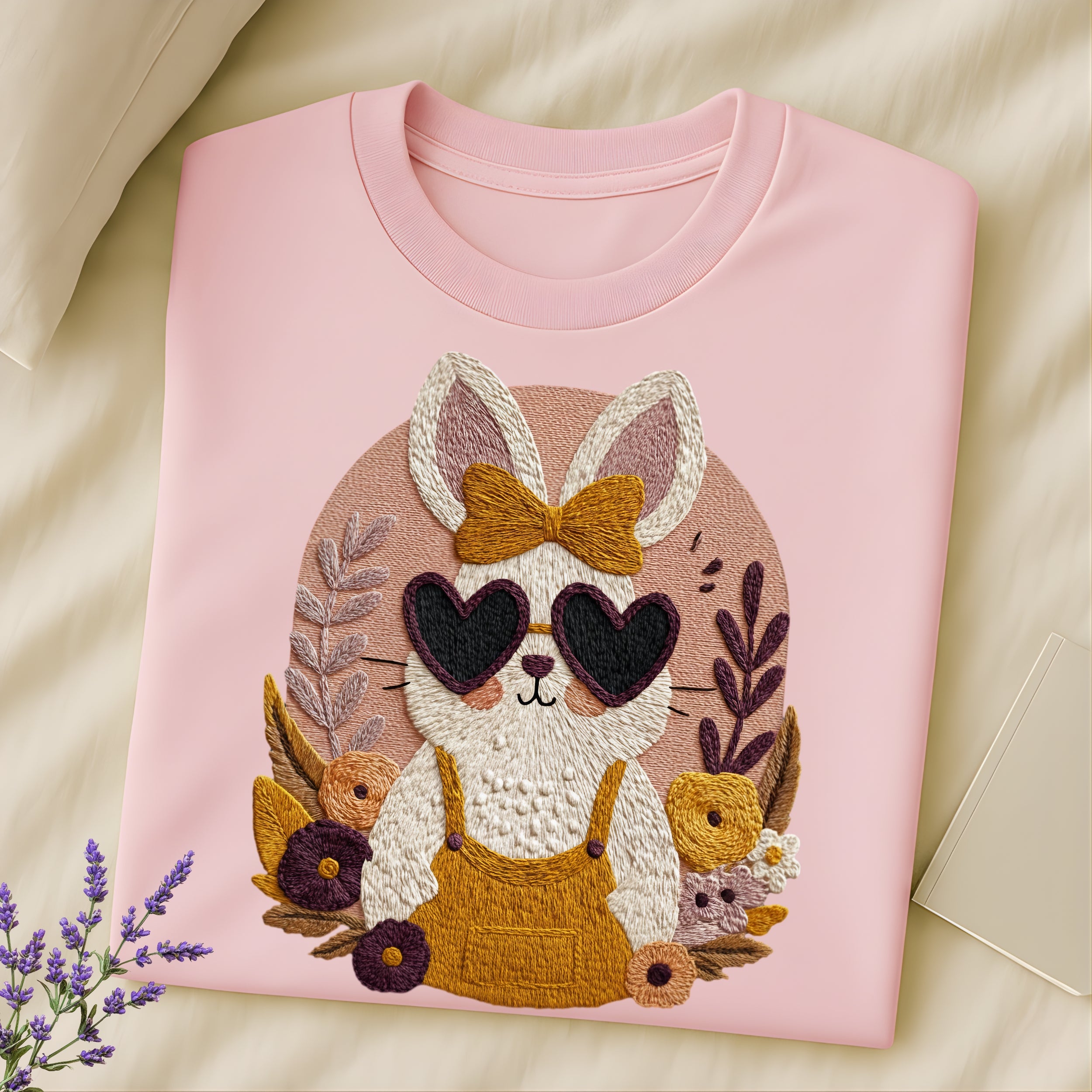 Cute Bunny with Heart Glasses Pink Embroidered Shirt