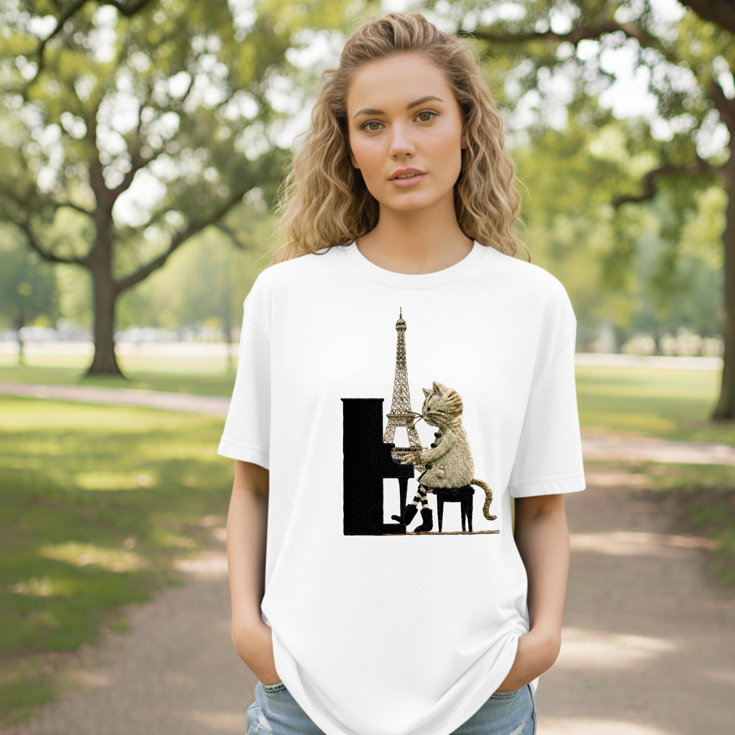 Cat Playing Piano with Eiffel Tower Graphic T-Shirt