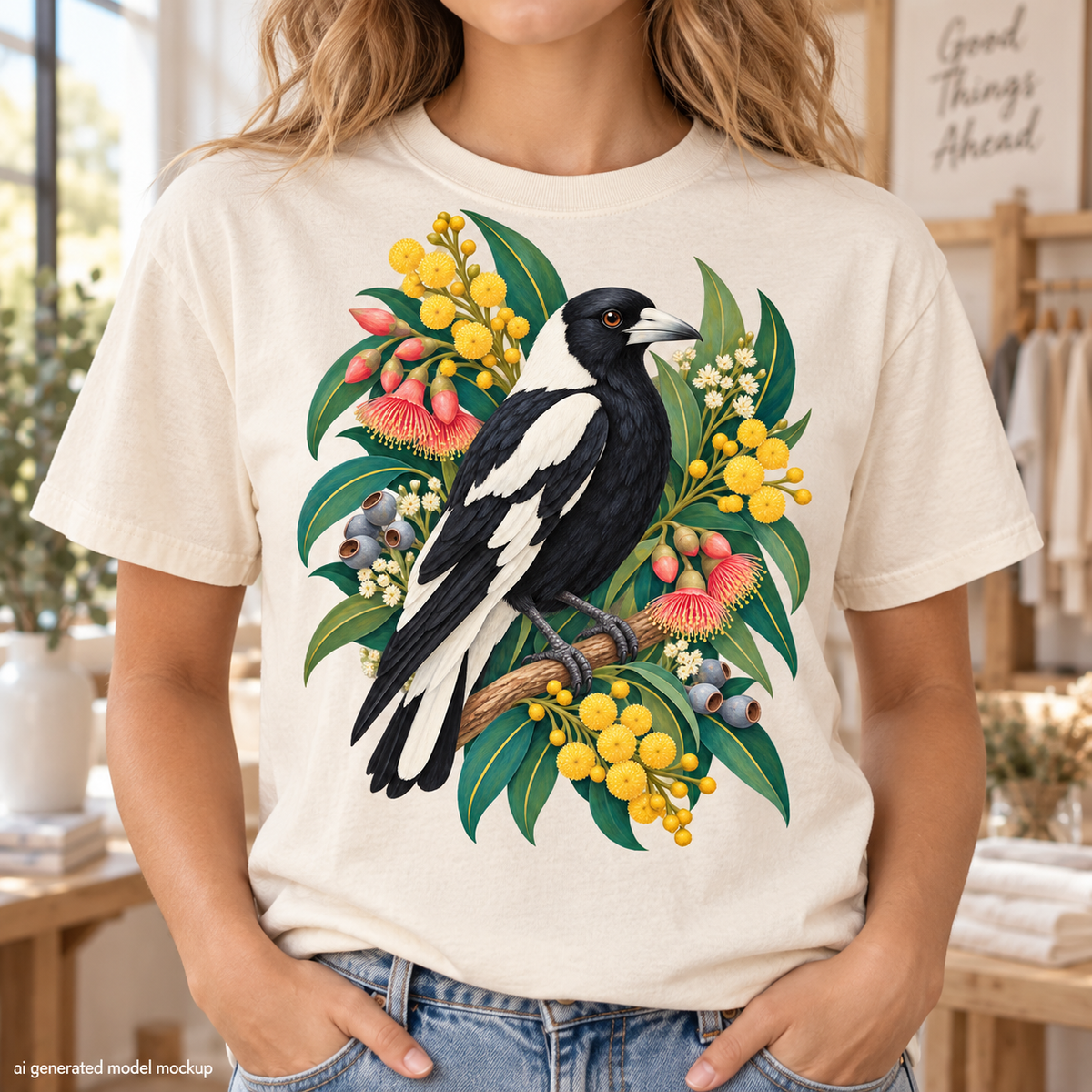 A cream-colored t-shirt features a colorful graphic of a black and white magpie perched among Australian flora.