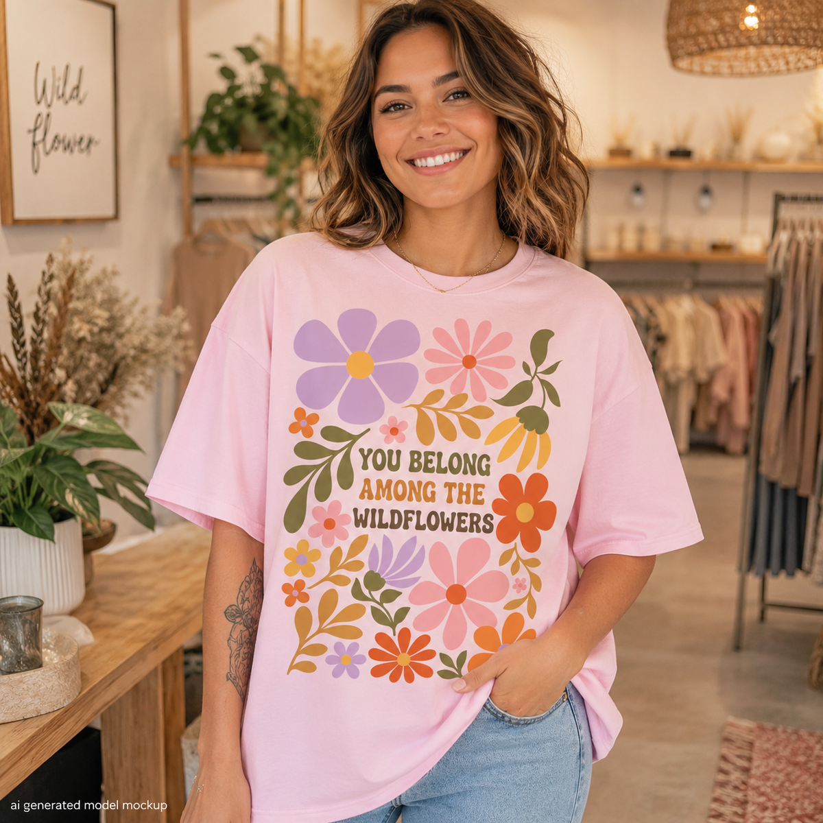 Pink t-shirt with colorful floral design and text "You Belong Among the Wildflowers."