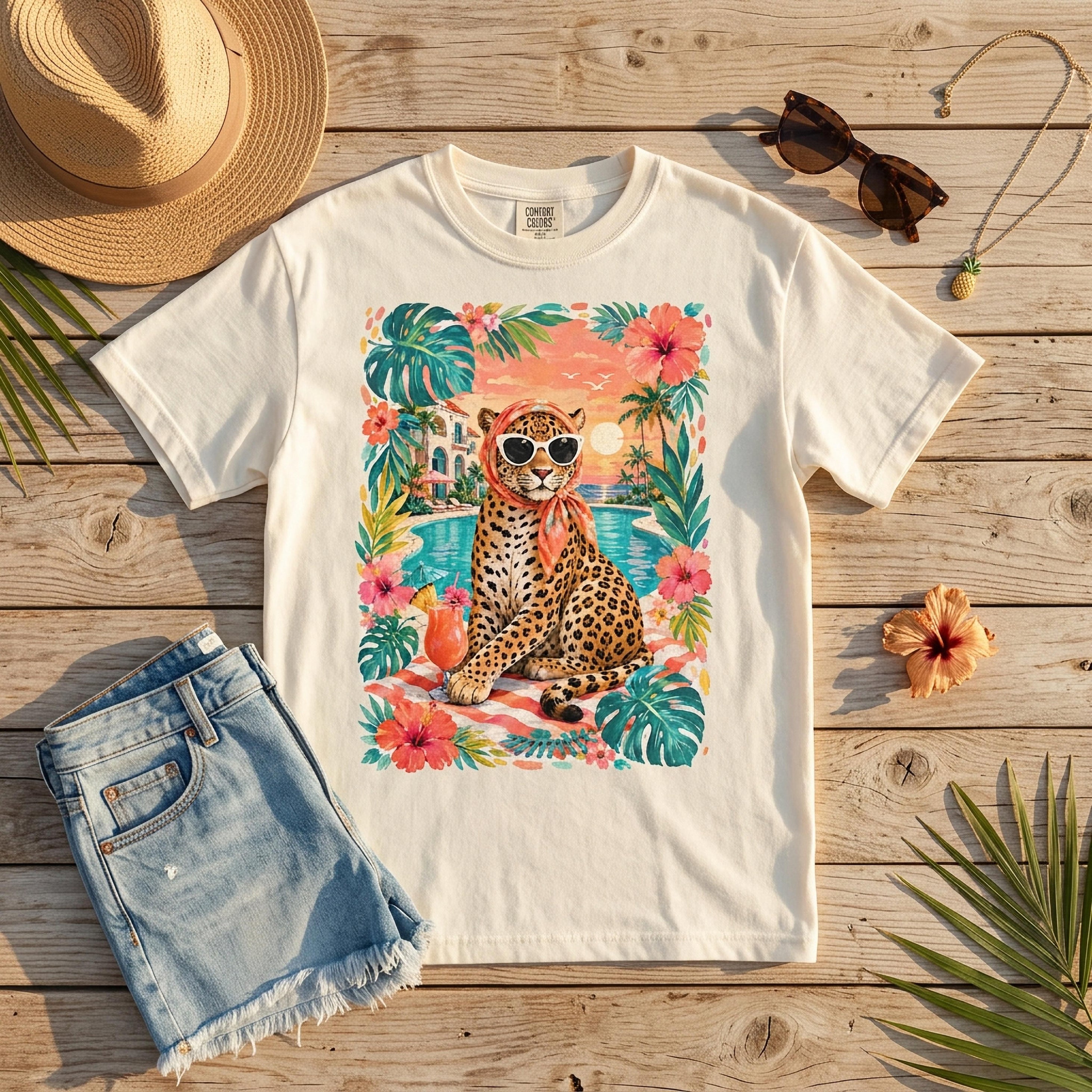 T-shirt with leopard by pool, tropical foliage, and fruit cocktail.