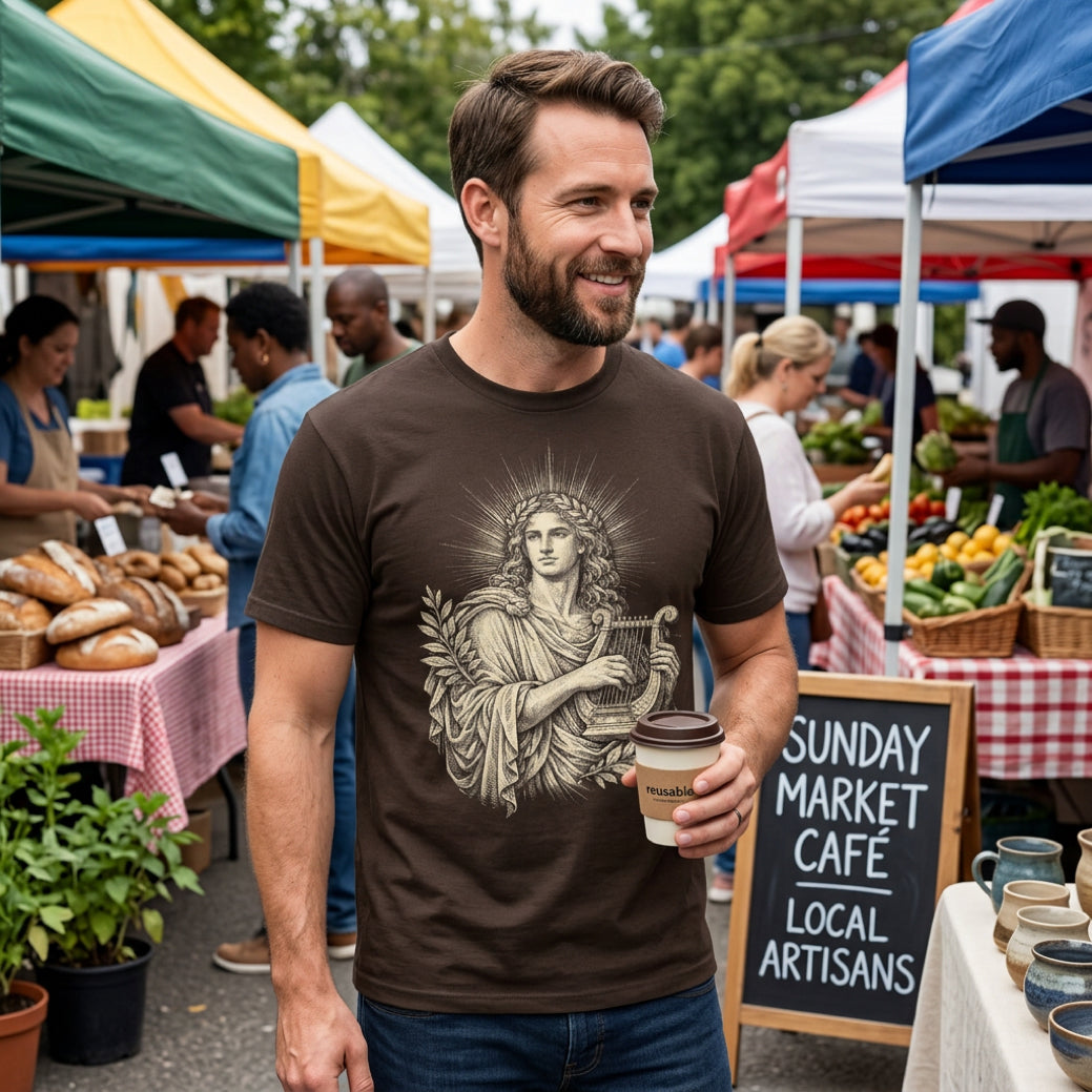 Man wearing dark brown t-shirt with Greek lyre illustration at outdoor market.