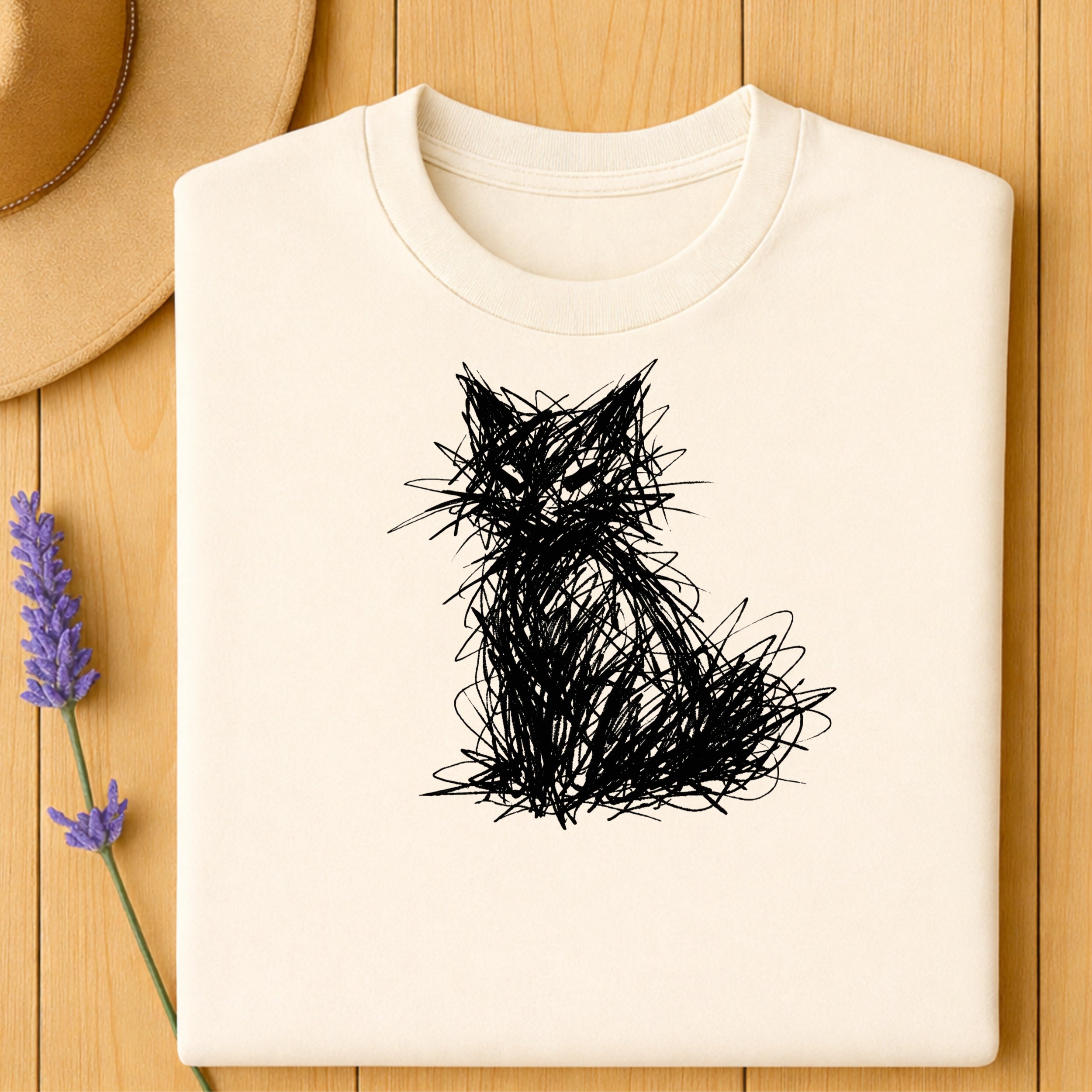 Abstract Scribble Cat Design T-Shirt Casual Top