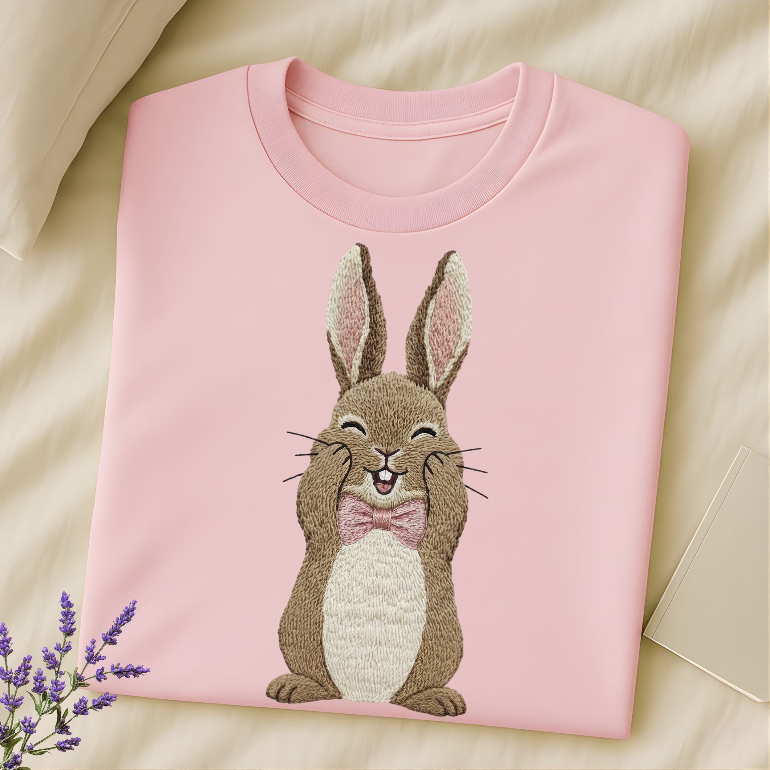 Cute Smiling Bunny with Bow Embroidered Design Shirt