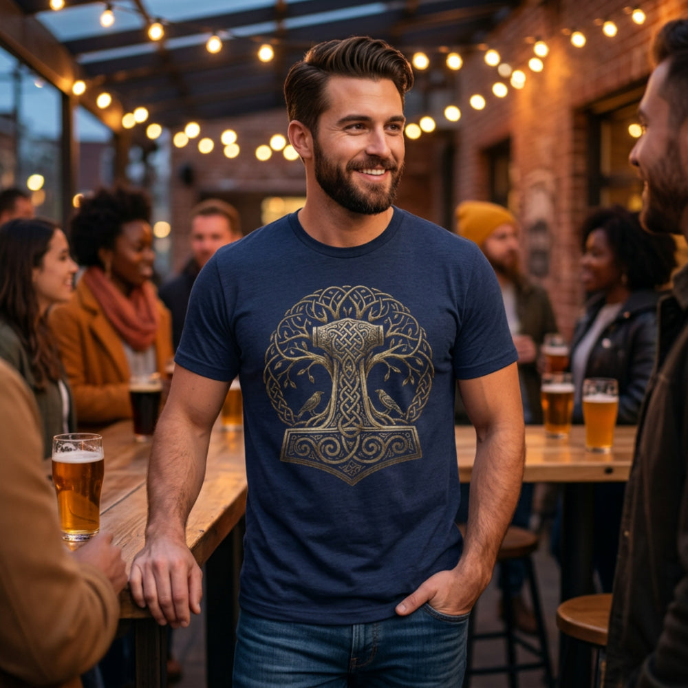 Navy t-shirt with Thor's Hammer and Viking raven design.