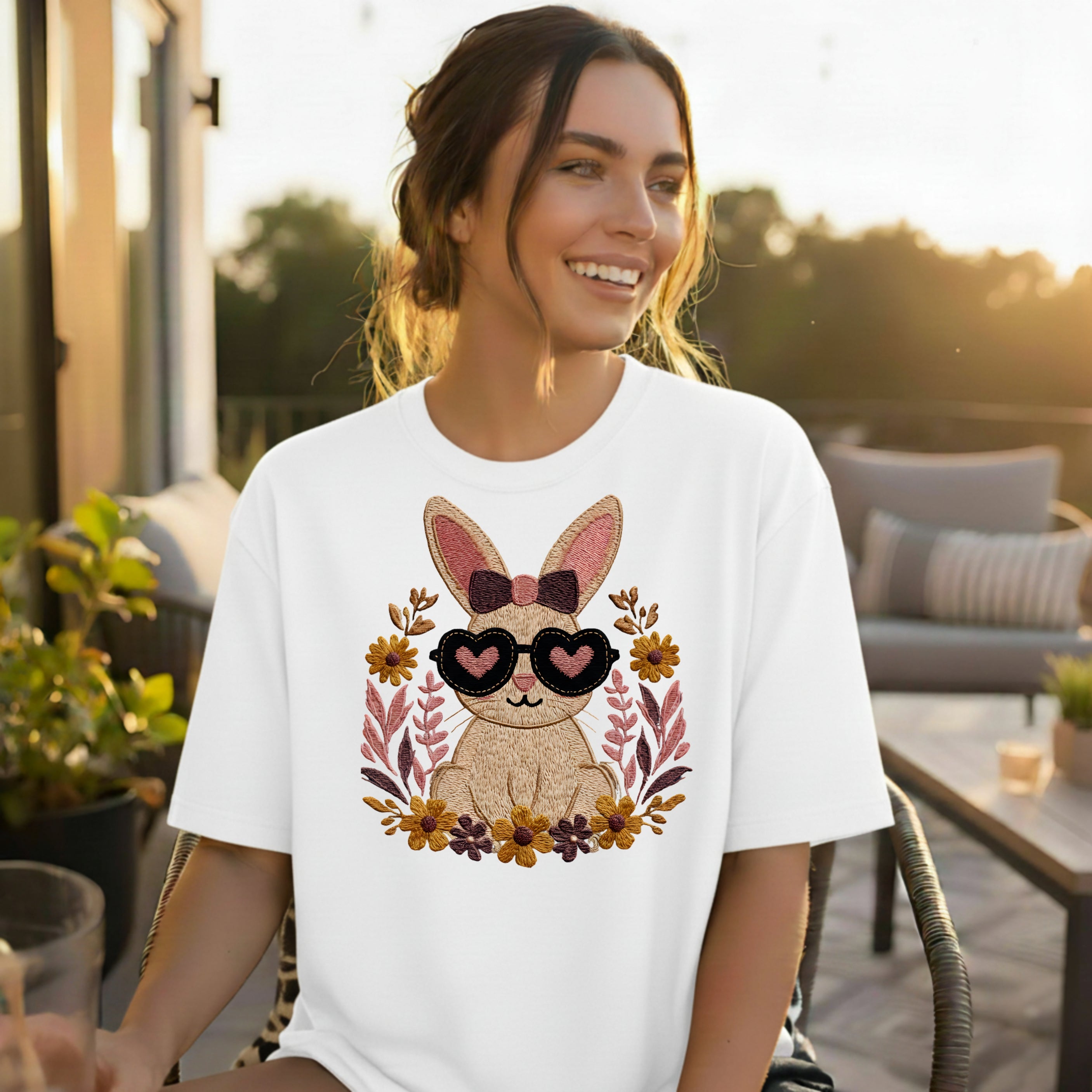 Cute Bunny Graphic Tee with Heart Sunglasses Design