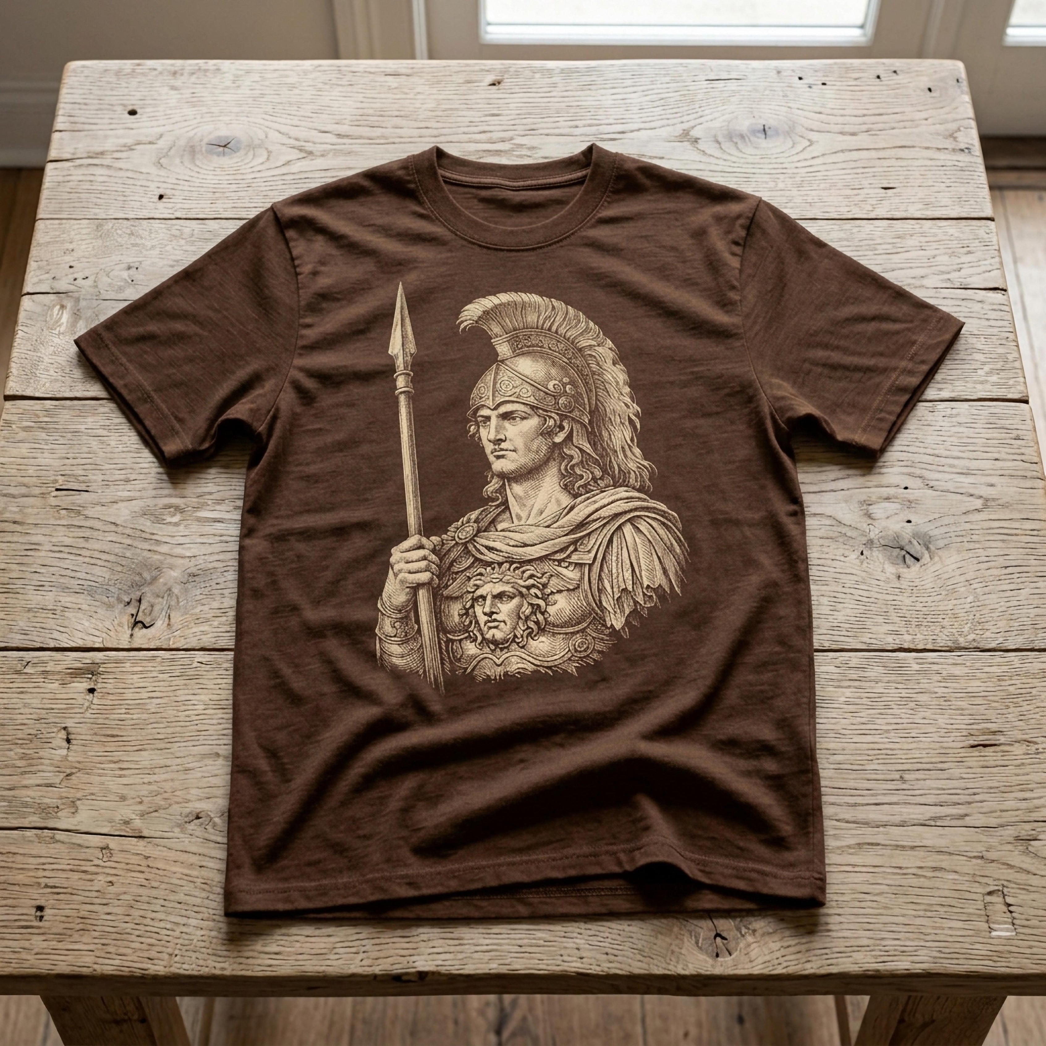 Brown t-shirt with graphic of ancient Greek warrior holding a spear.