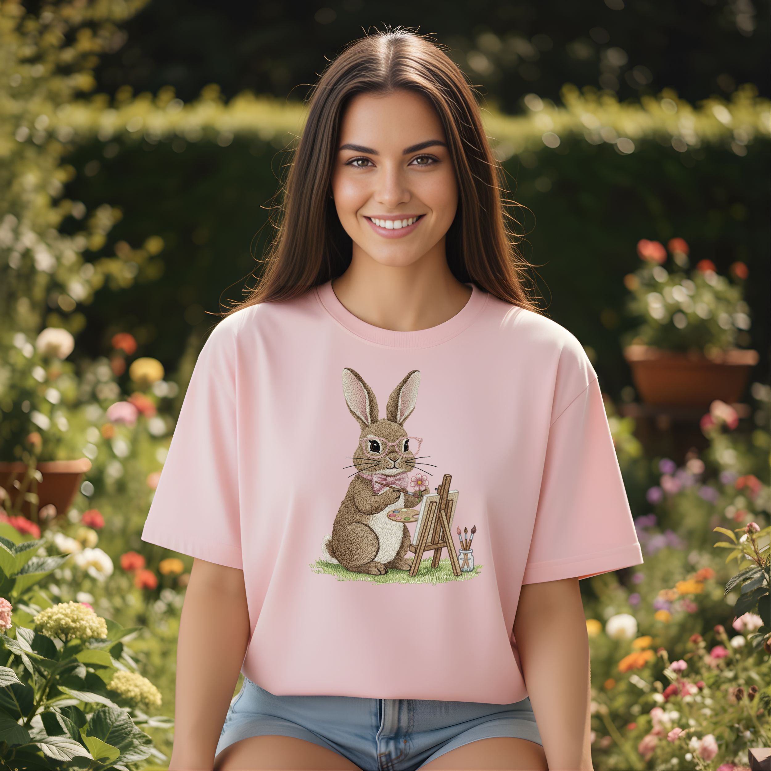 Cute Bunny Artist Painting Graphic on Pink T-shirt