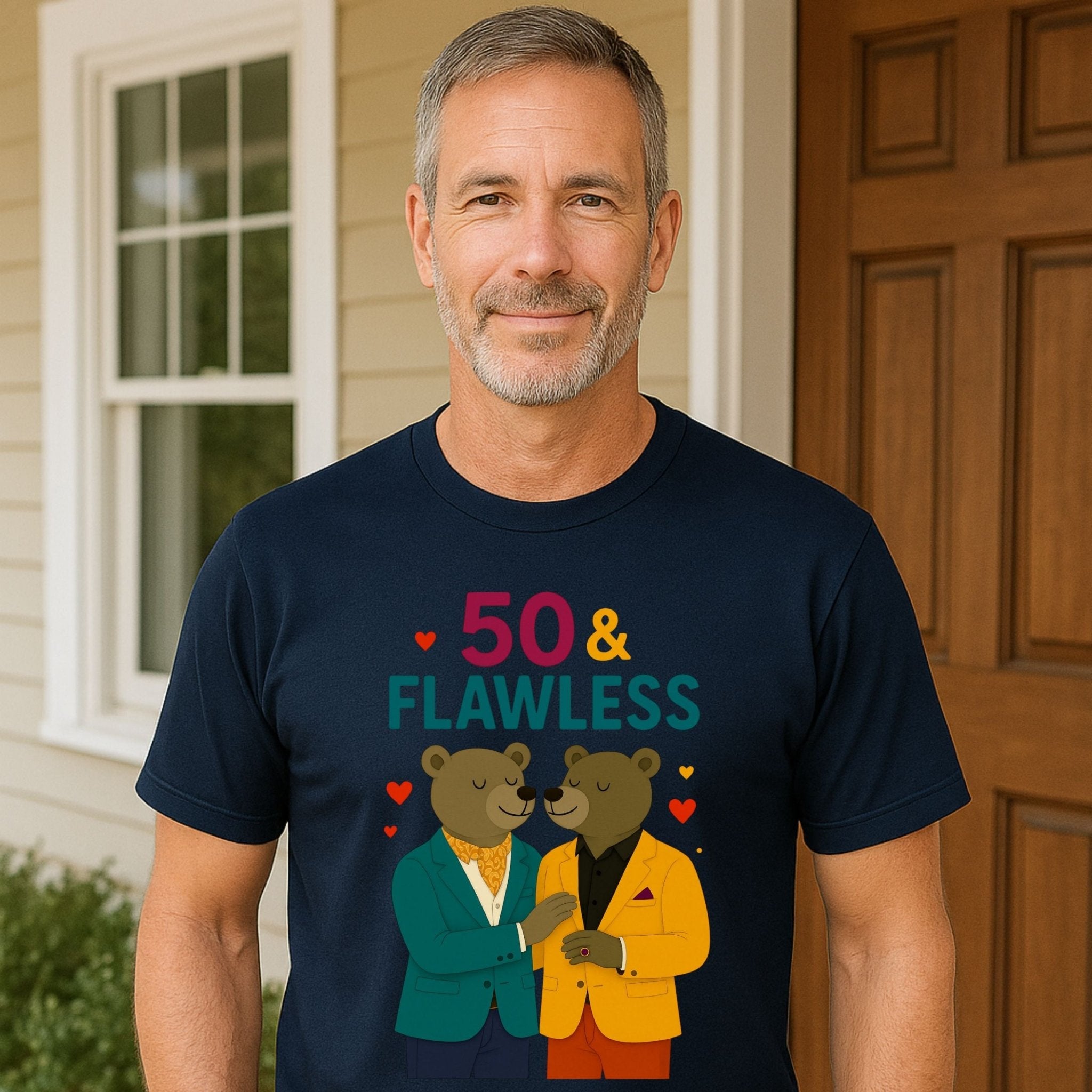 50 & Flawless Birthday Tee, Gay Couple Bear T-Shirt, Fashionable LGBTQ Milestone Gift - Craig Michael Design