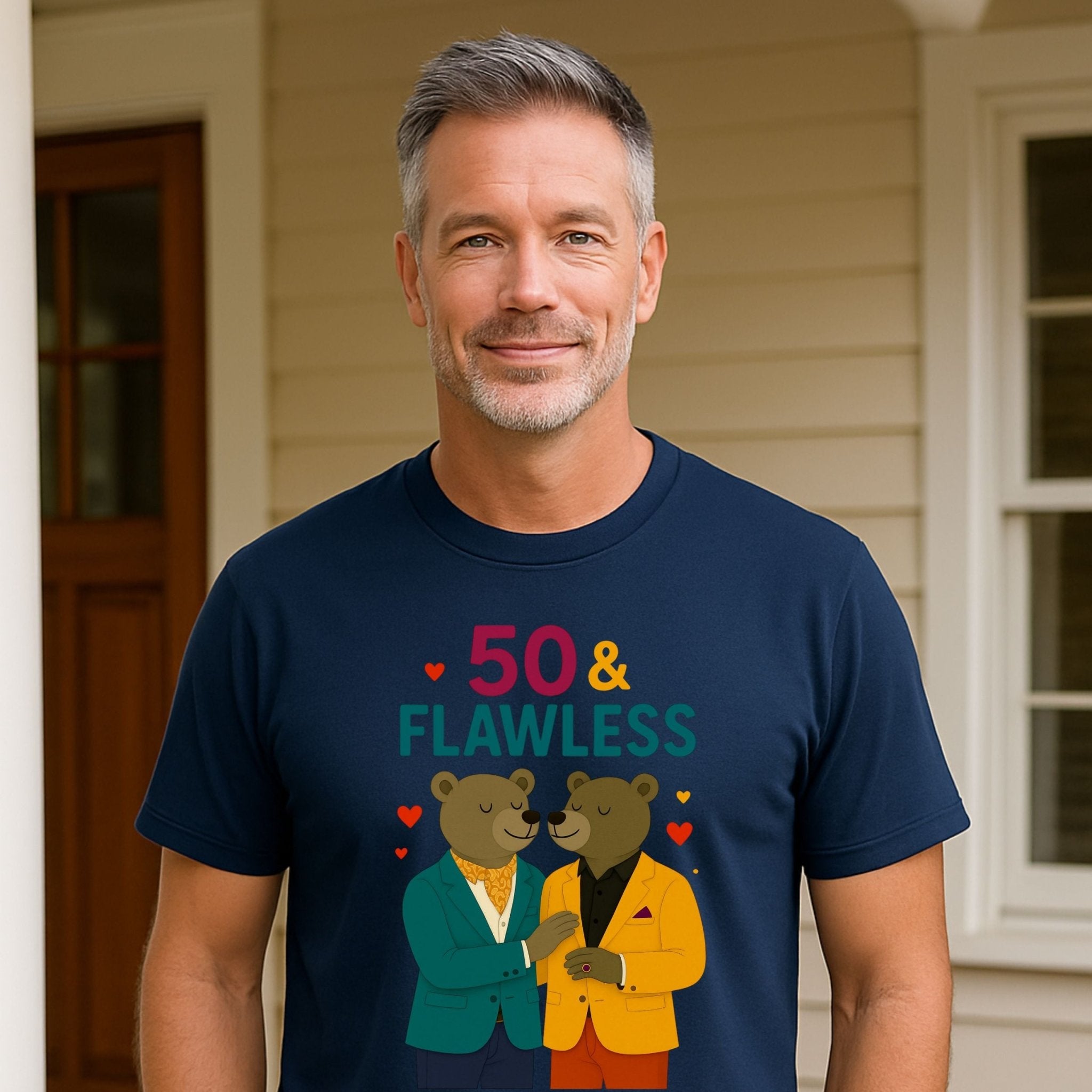 50 & Flawless Birthday Tee, Gay Couple Bear T-Shirt, Fashionable LGBTQ Milestone Gift - Craig Michael Design