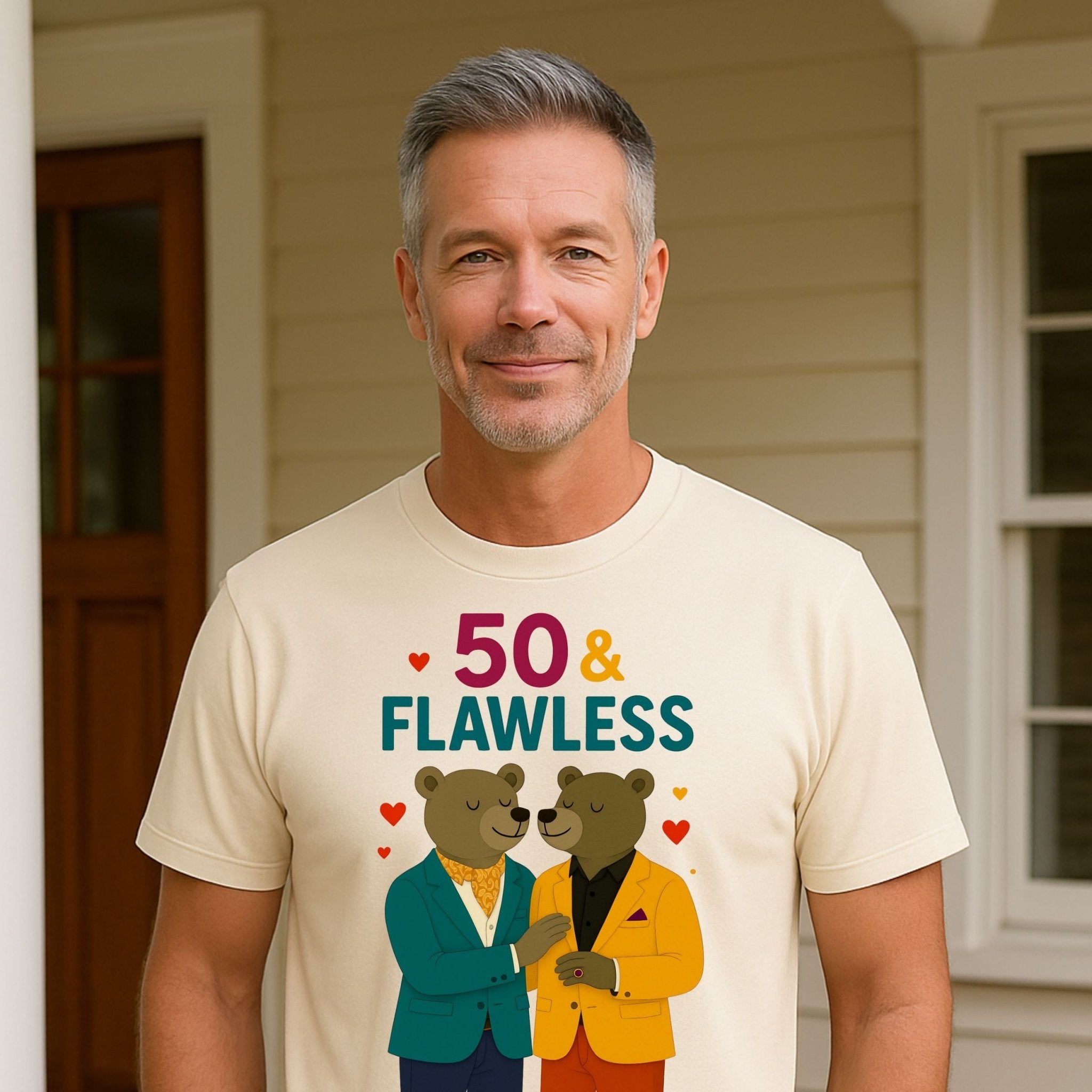 50 & Flawless Birthday Tee, Gay Couple Bear T-Shirt, Fashionable LGBTQ Milestone Gift - Craig Michael Design