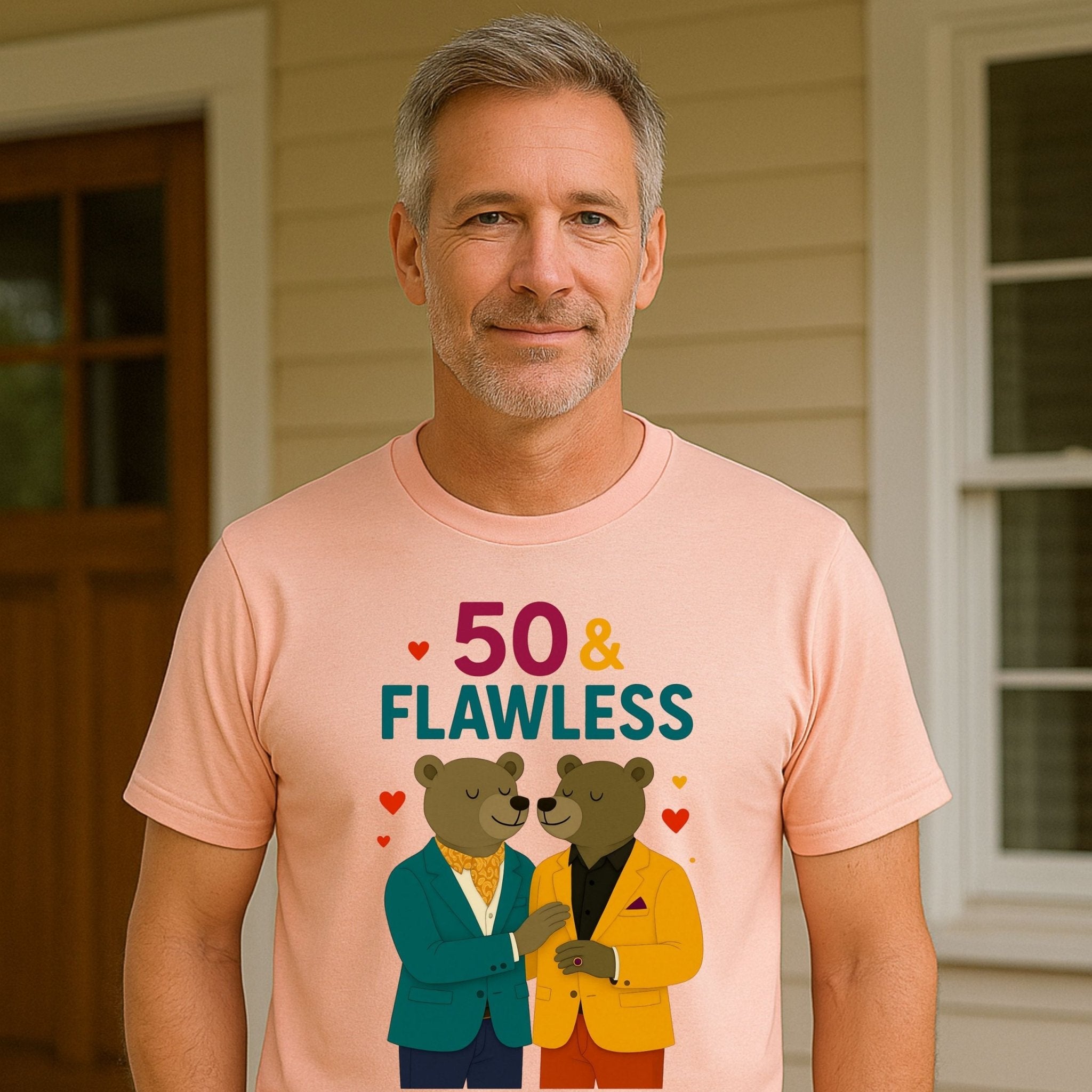 50 & Flawless Birthday Tee, Gay Couple Bear T-Shirt, Fashionable LGBTQ Milestone Gift - Craig Michael Design