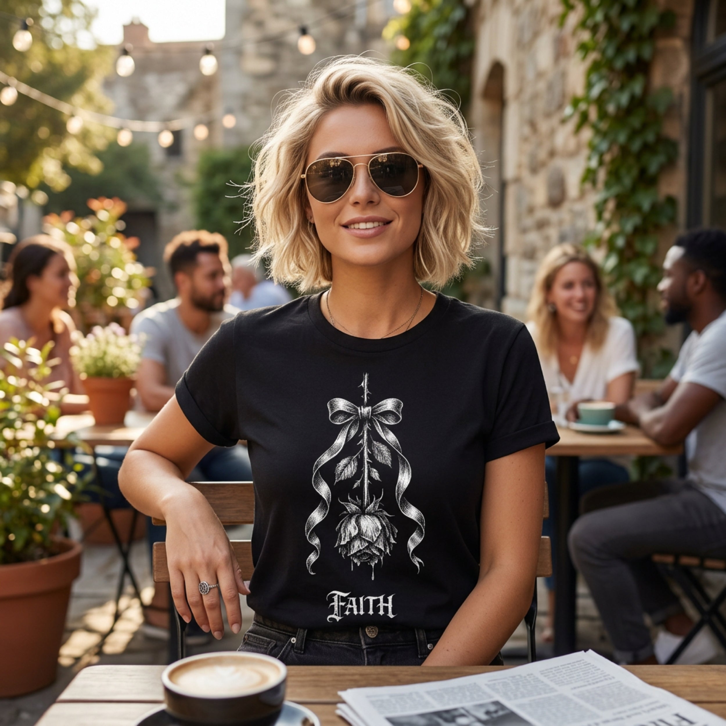 Woman wearing black t-shirt with rose and sword design, "FAITH" text.