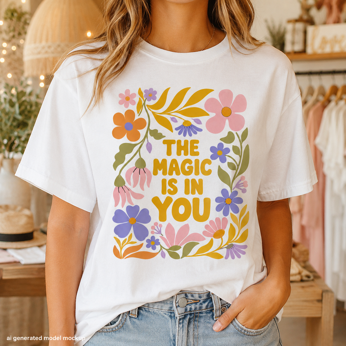 White t-shirt with floral design and text "The Magic Is In You".