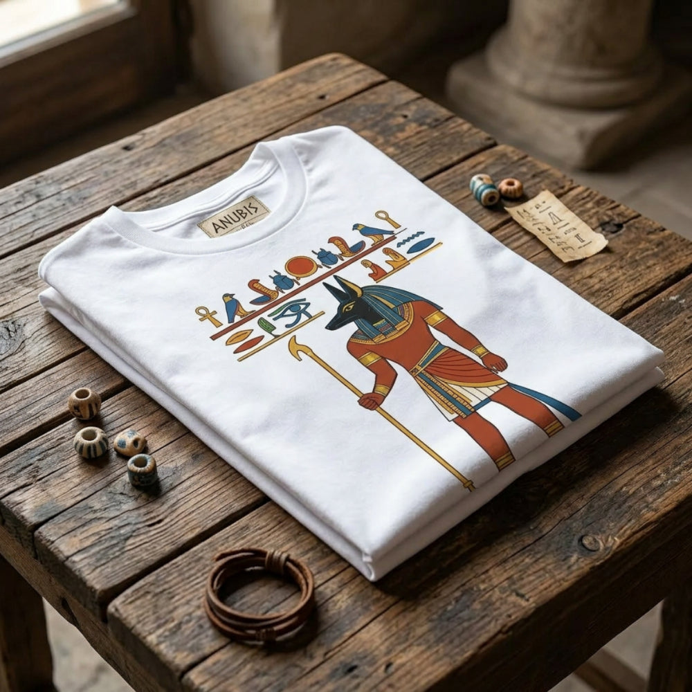 White t-shirt with Anubis and Egyptian hieroglyphs.