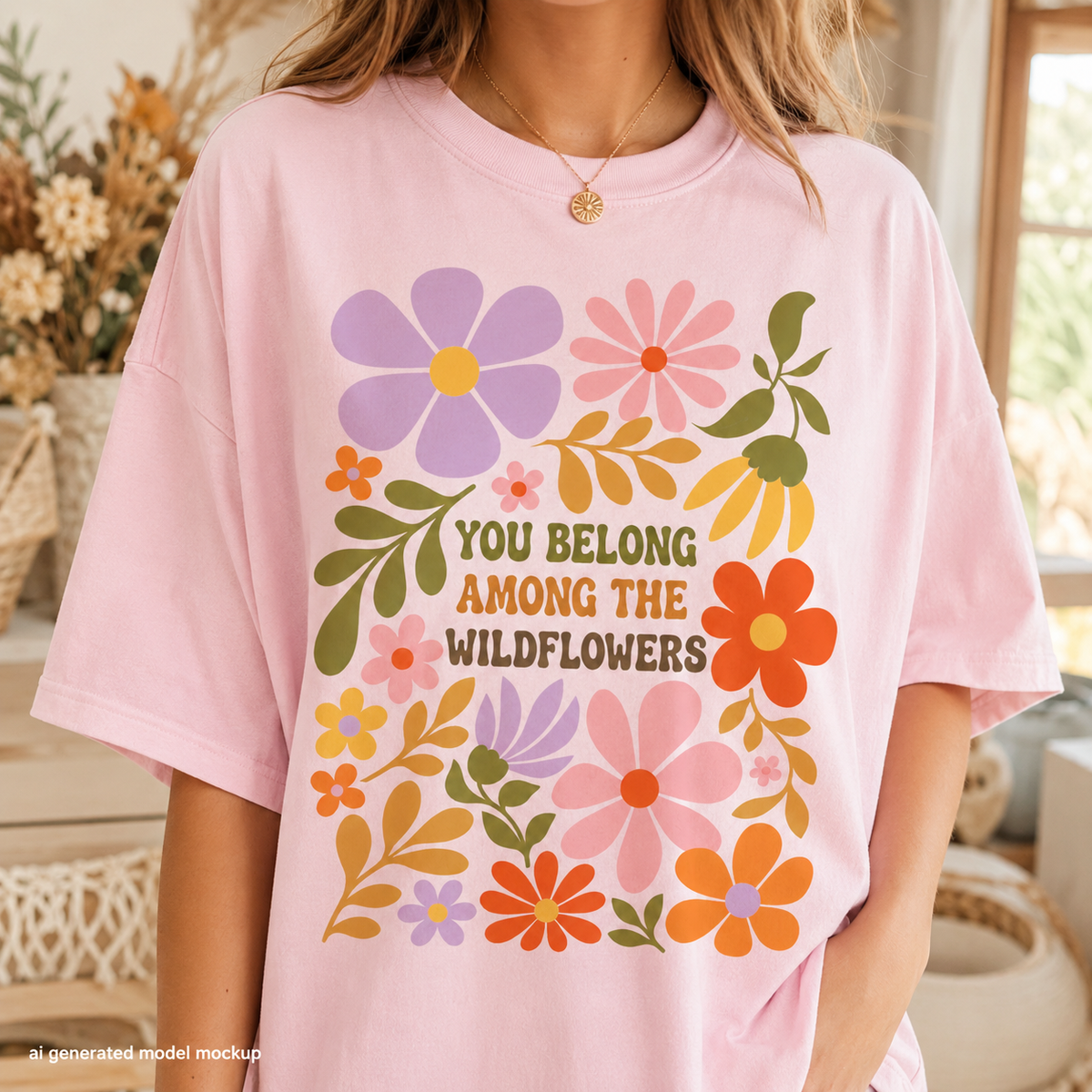 Pink t-shirt with a floral graphic and "You Belong Among the Wildflowers" text.