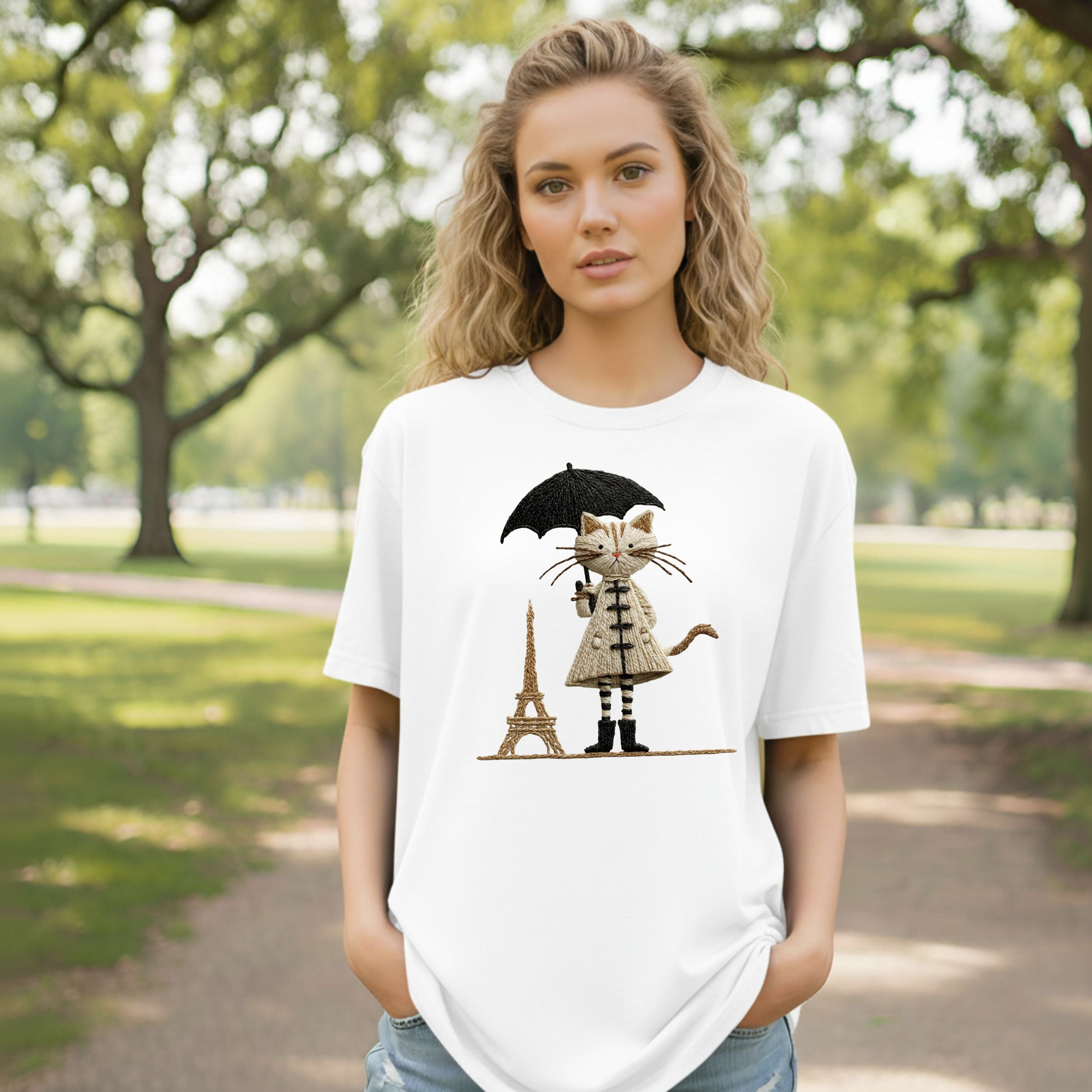 Cat Holding Umbrella With Eiffel Tower Design T-Shirt