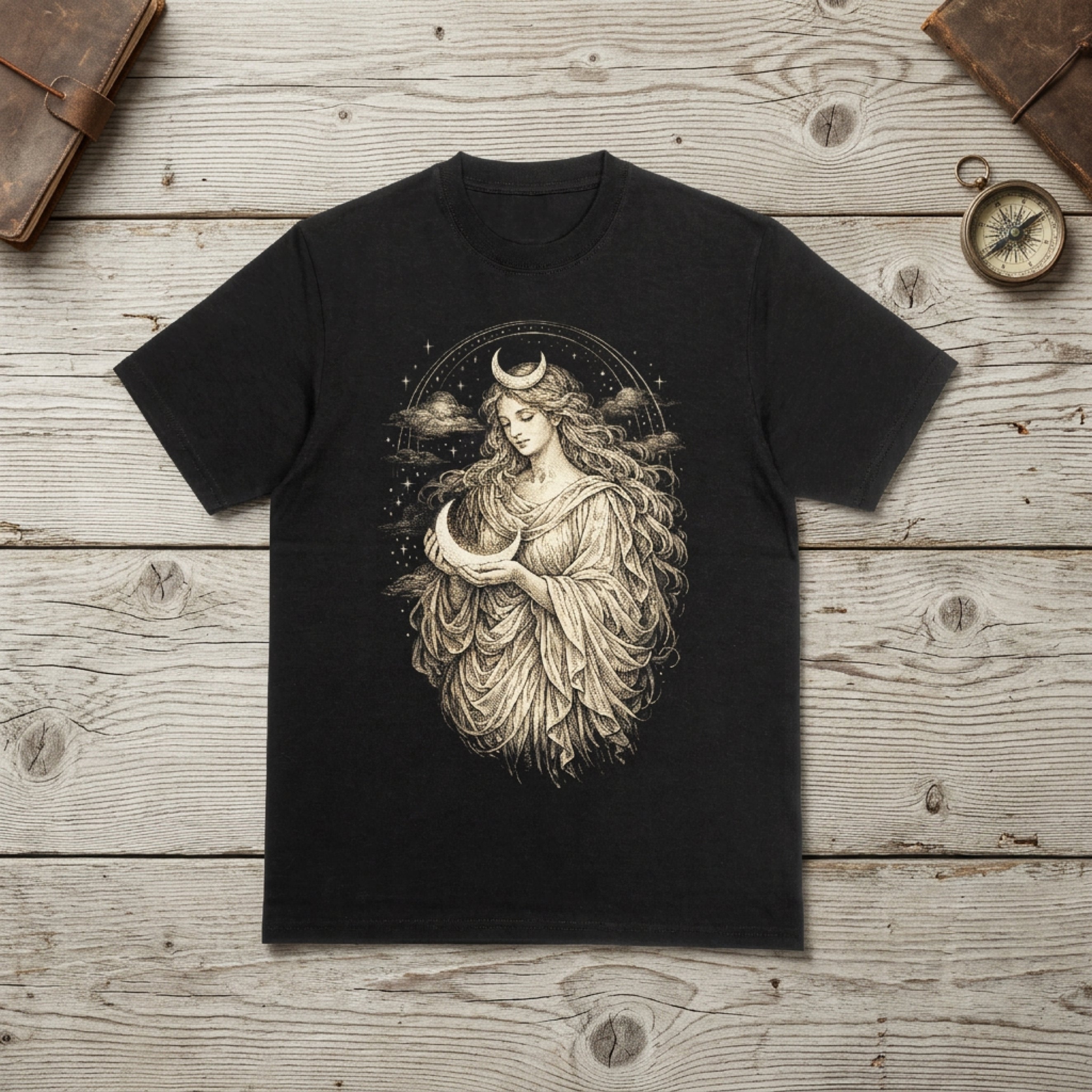 T-shirt with celestial goddess holding moon, surrounded by stars.