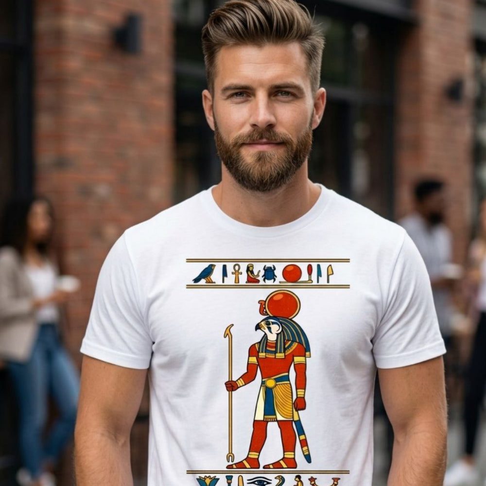 White t-shirt with Egyptian deities, hieroglyphs, and sun symbol.