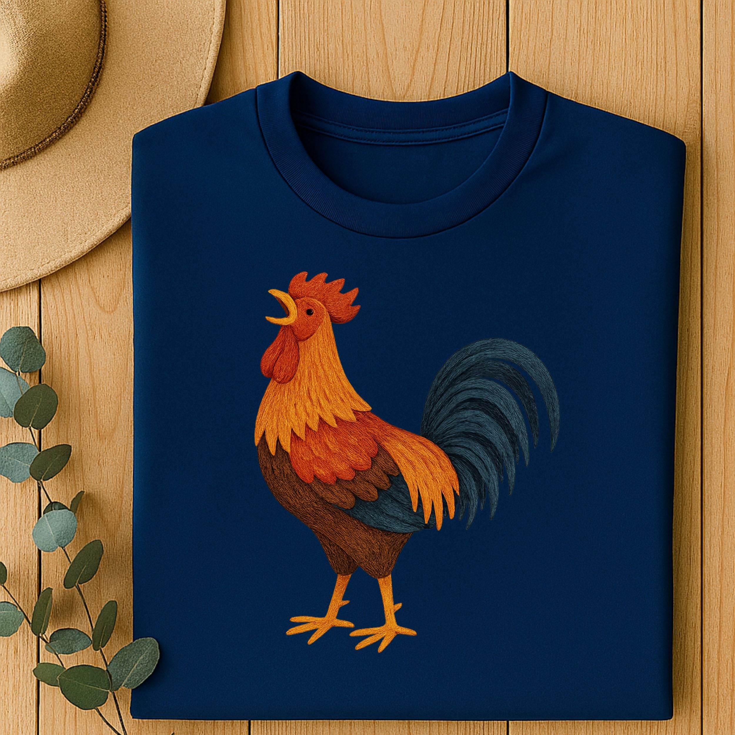 Vibrant Rooster Graphic Design Blue Shirt