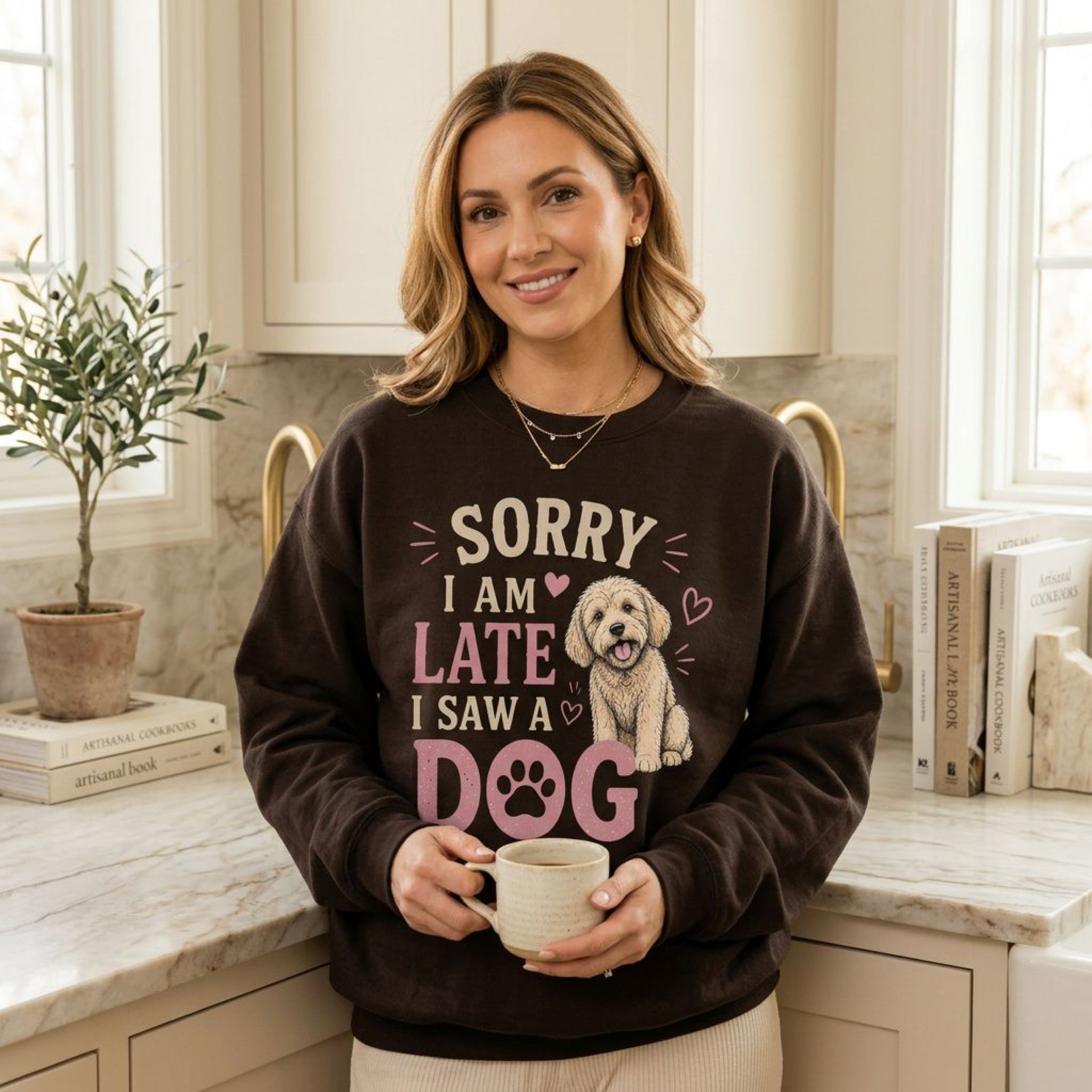 Woman wearing brown sweatshirt with "Sorry I'm Late I Saw a Dog" text and graphic.