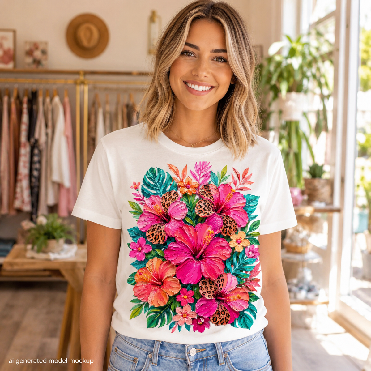 White t-shirt with a vibrant floral and leopard print design on the chest.