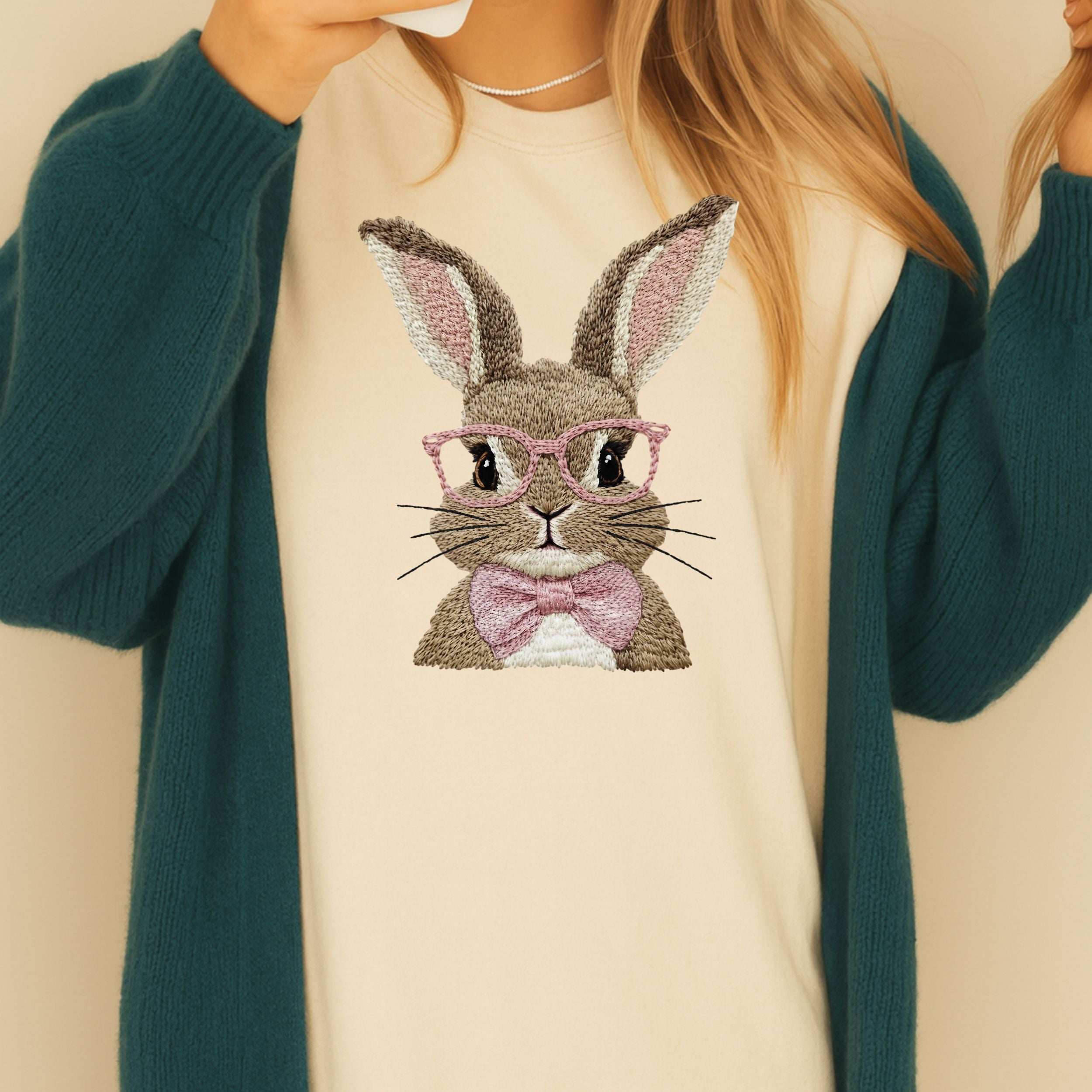 Cute Bunny with Glasses and Bow Embroidered Shirt