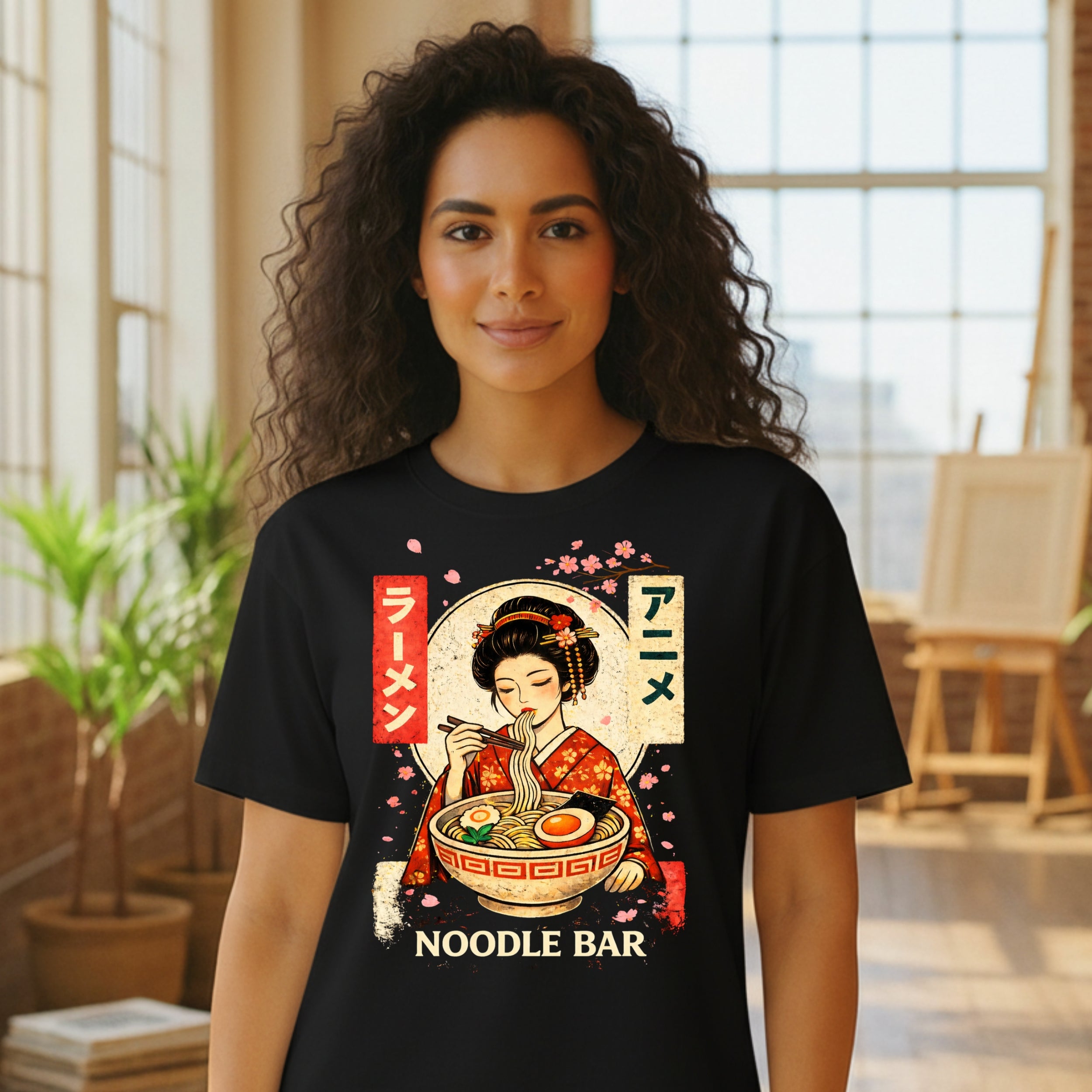 Japanese Noodle Bar Anime Geisha Ramen Black T-Shirt
