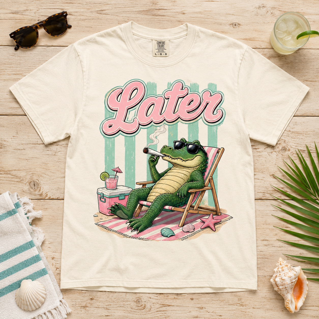 Alligator wearing sunglasses relaxes in a beach chair, smoking, with "Later" text.