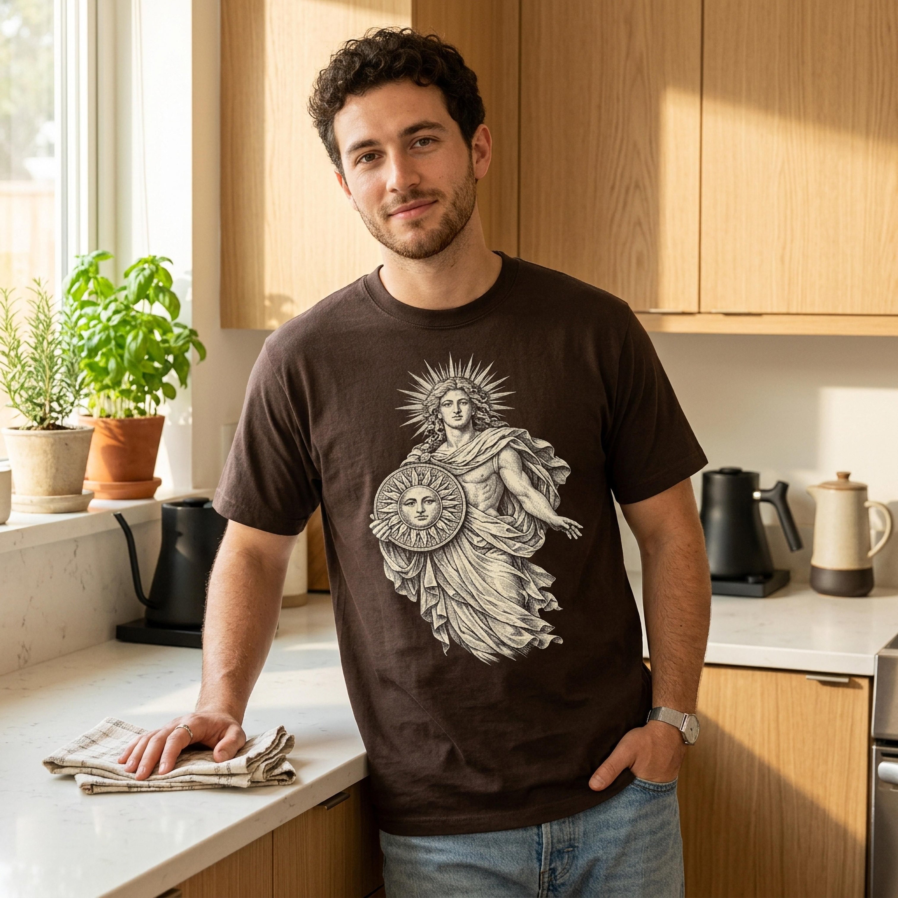 Man wearing brown t-shirt with sun deity graphic.