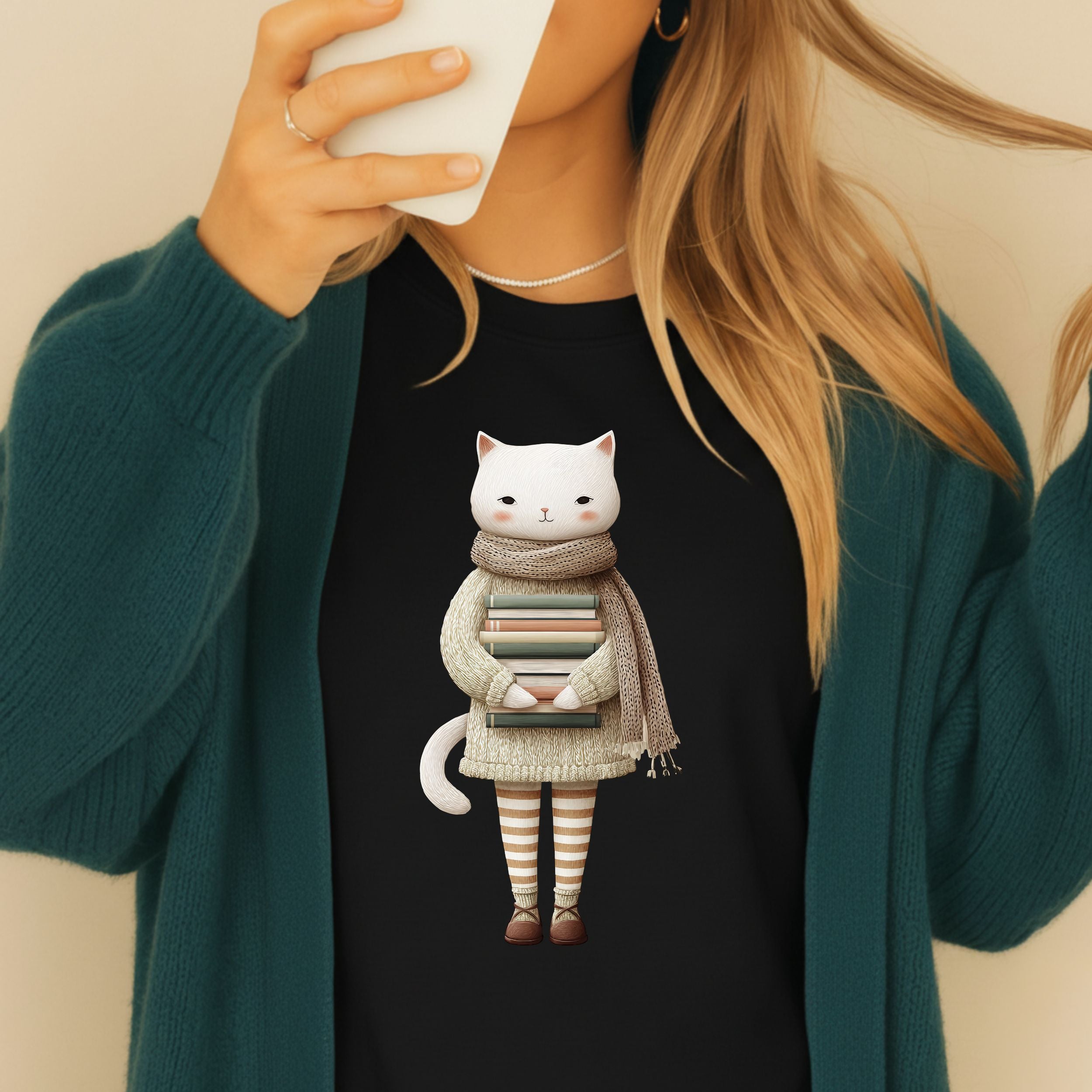 Cute Cat with Books Graphic on Black Shirt