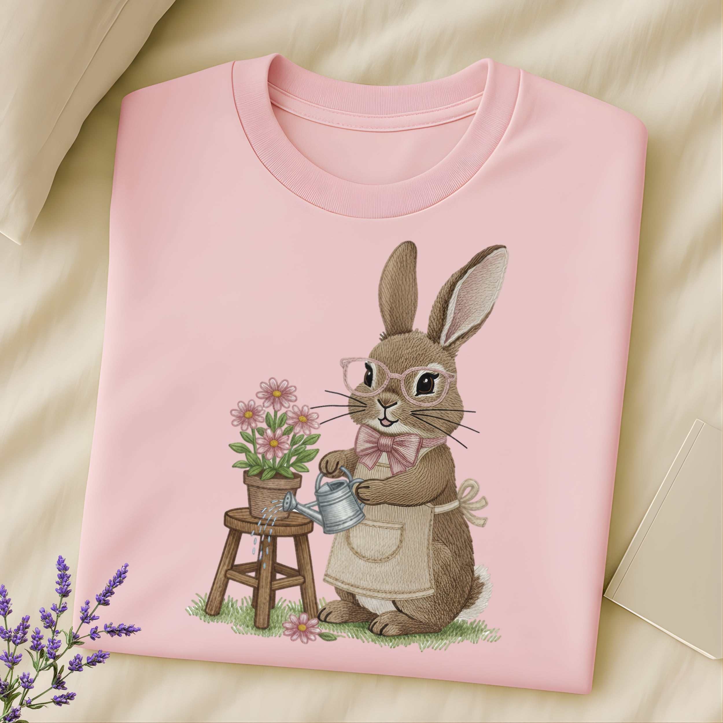 Cute Bunny Watering Flowers Graphic Tee for Kids