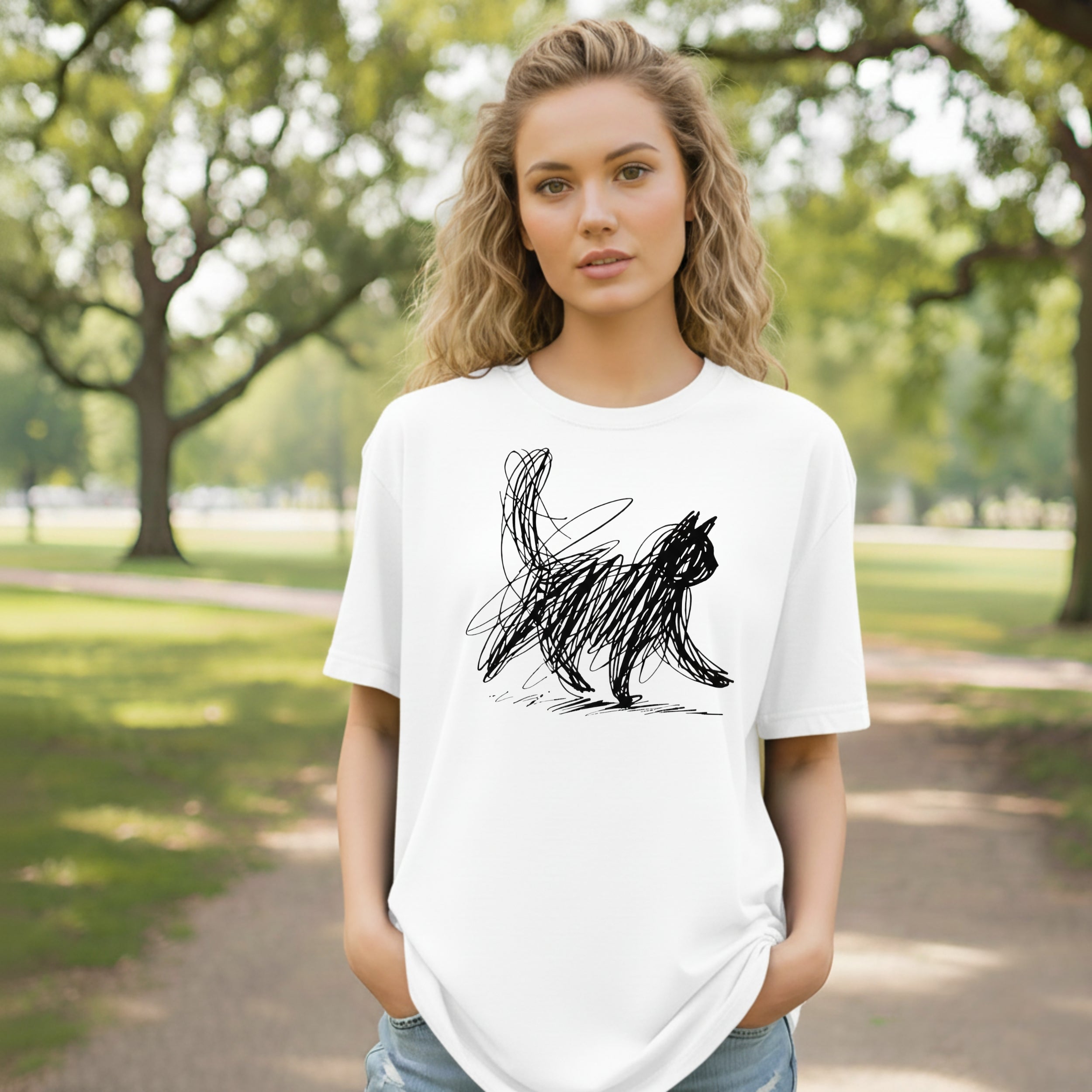 Minimalist Cat Sketch Graphic Tee White Shirt