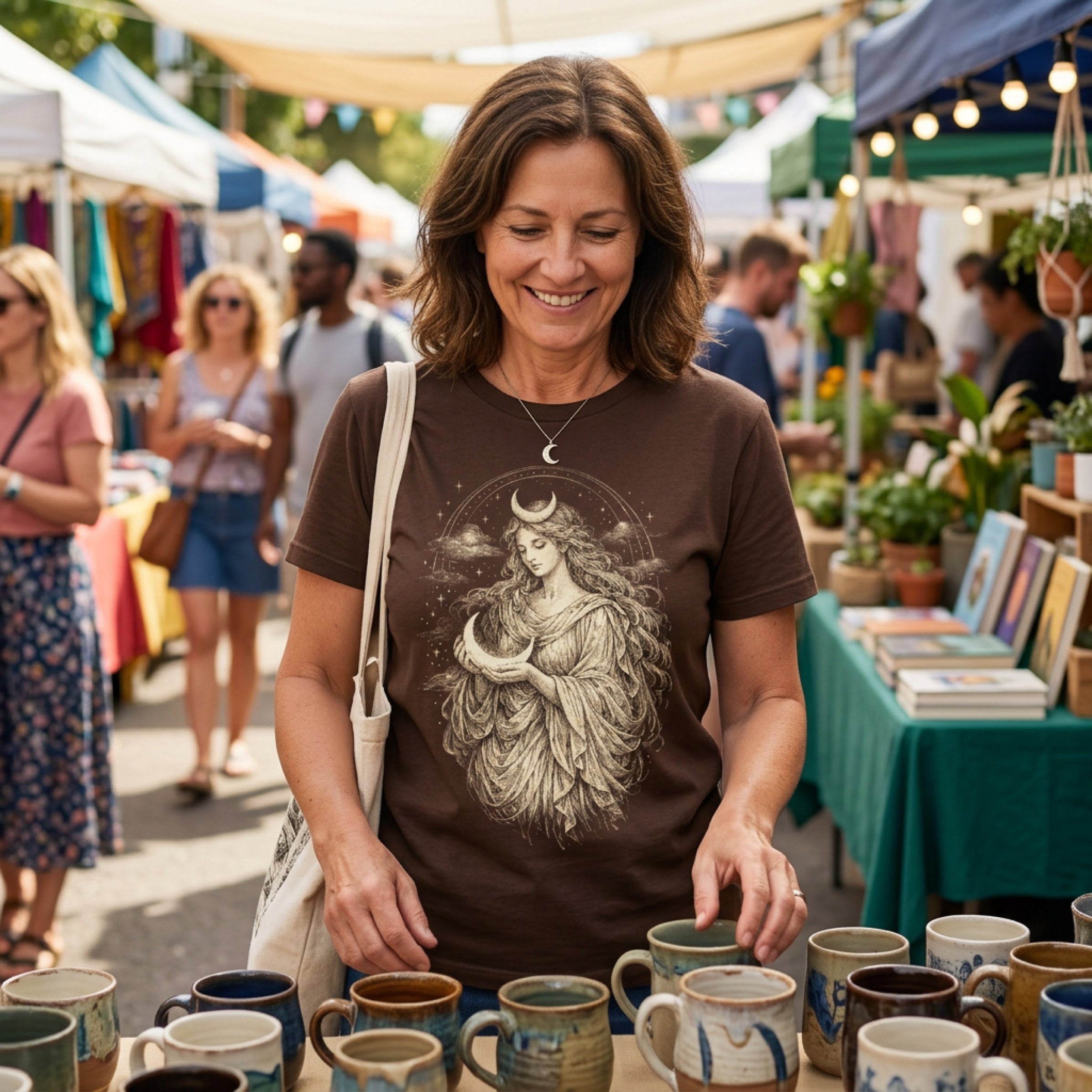 Woman in brown t-shirt featuring celestial goddess graphic at outdoor market.