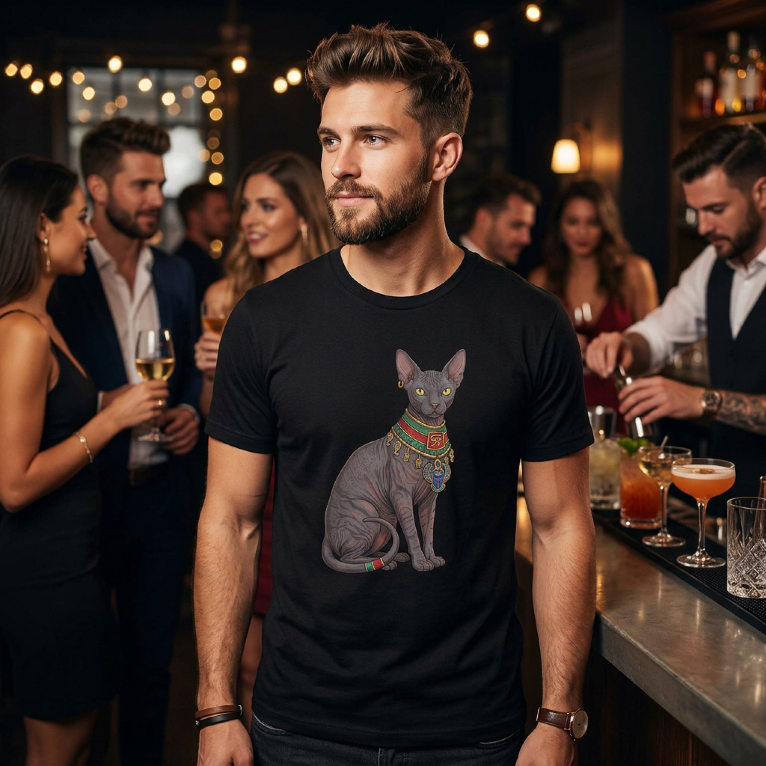 Black t-shirt with a graphic of a Sphynx cat in ornate collar and jewelry.